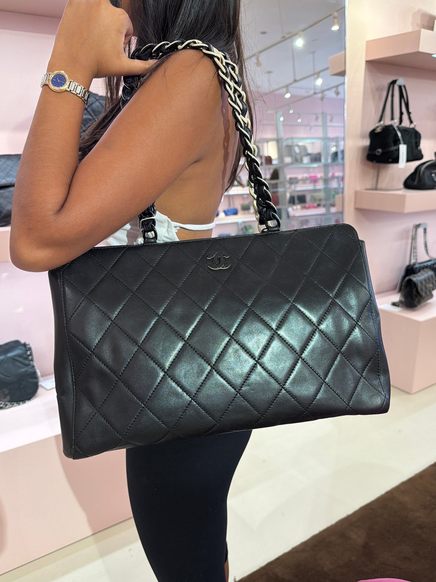 Chanel 2000 Black Lambskin Leather Quilted Matelasse Chain Shoulder Tote