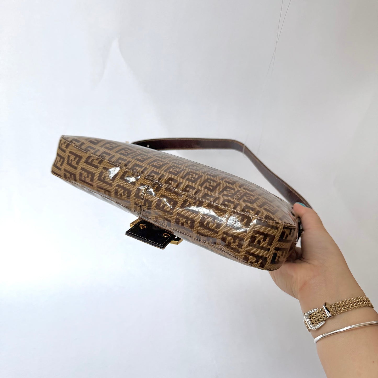Fendi Brown Zucchino Patent Leather Baguette