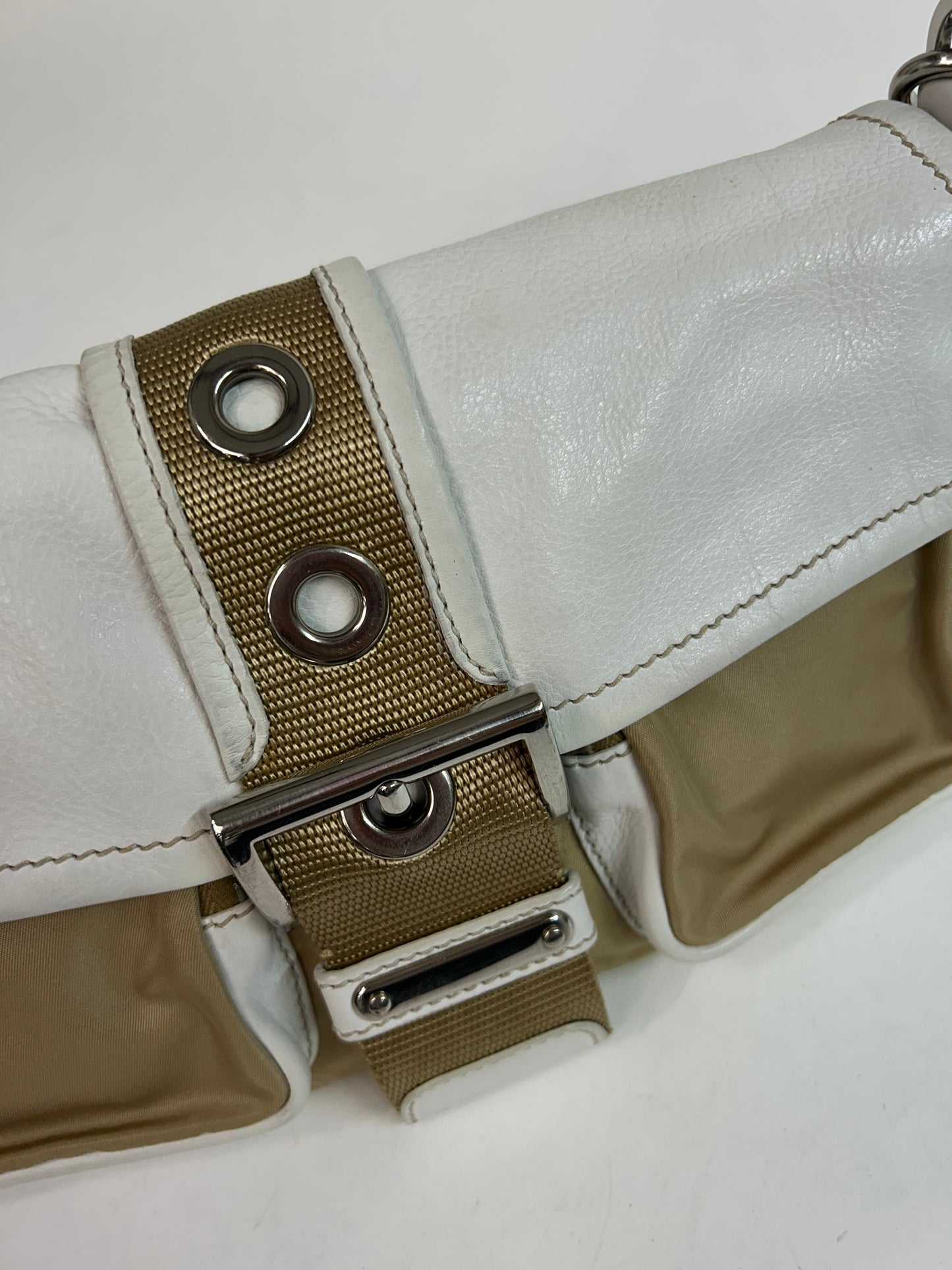 Prada White Leather & Beige Nylon Shoulder Bag