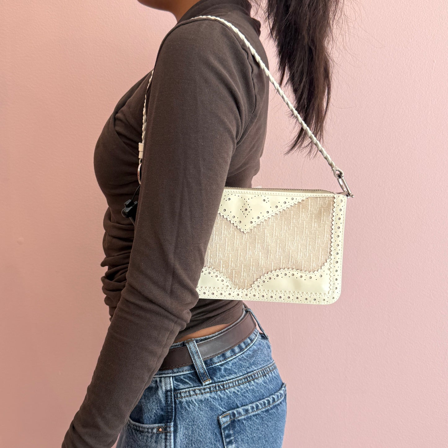 Christian Dior White & Patent Leather Embroidered Braided Handle Pochette