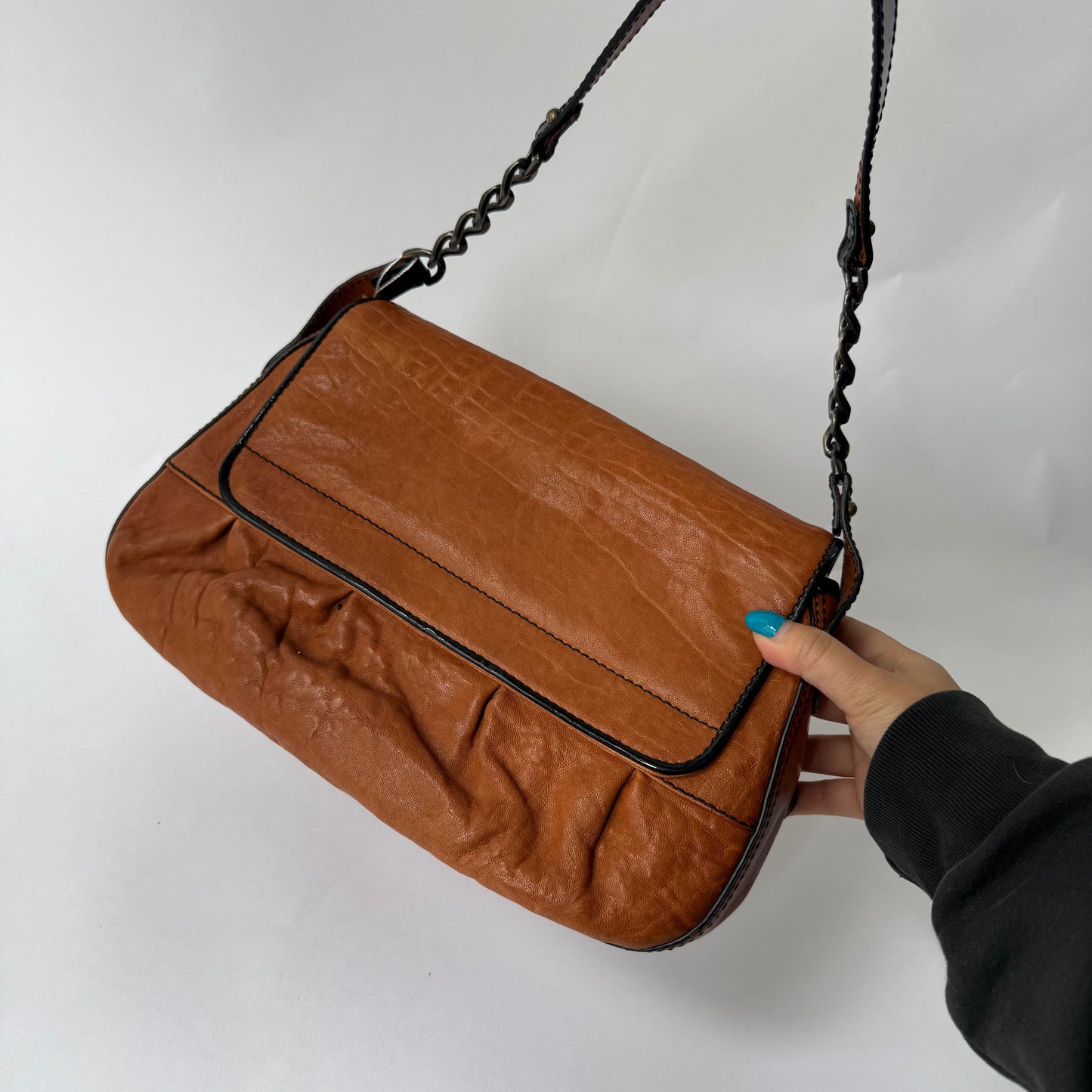 Fendi Brown Pebbled Leather Double Buckle Shoulder Bag
