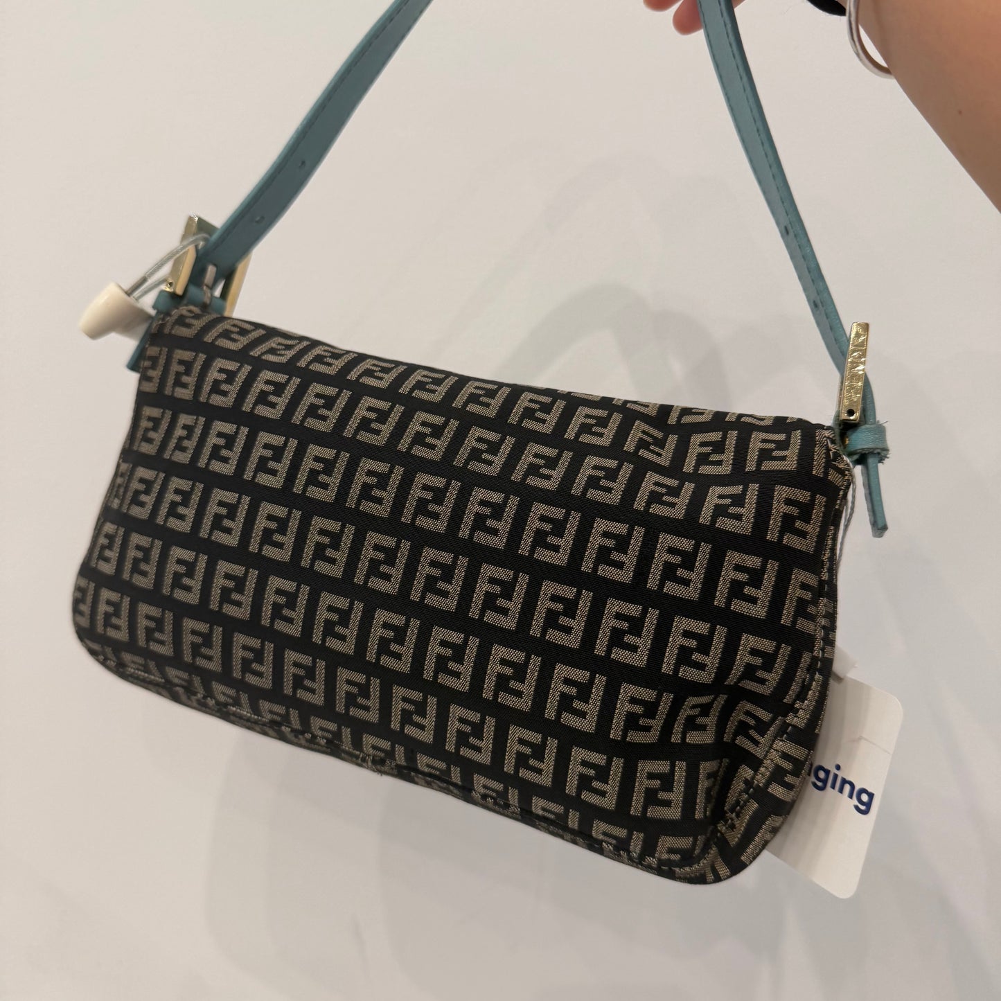 Fendi Black Zucchino Canvas & Teal Leather Baguette Shoulder Bag