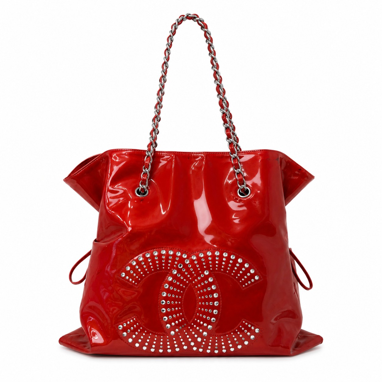 Chanel 2009 Red Patent Leather Strass Bon Logo Shoulder Bag