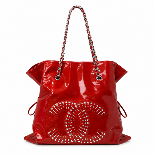 Chanel 2009 Red Patent Leather Strass Bon Logo Shoulder Bag