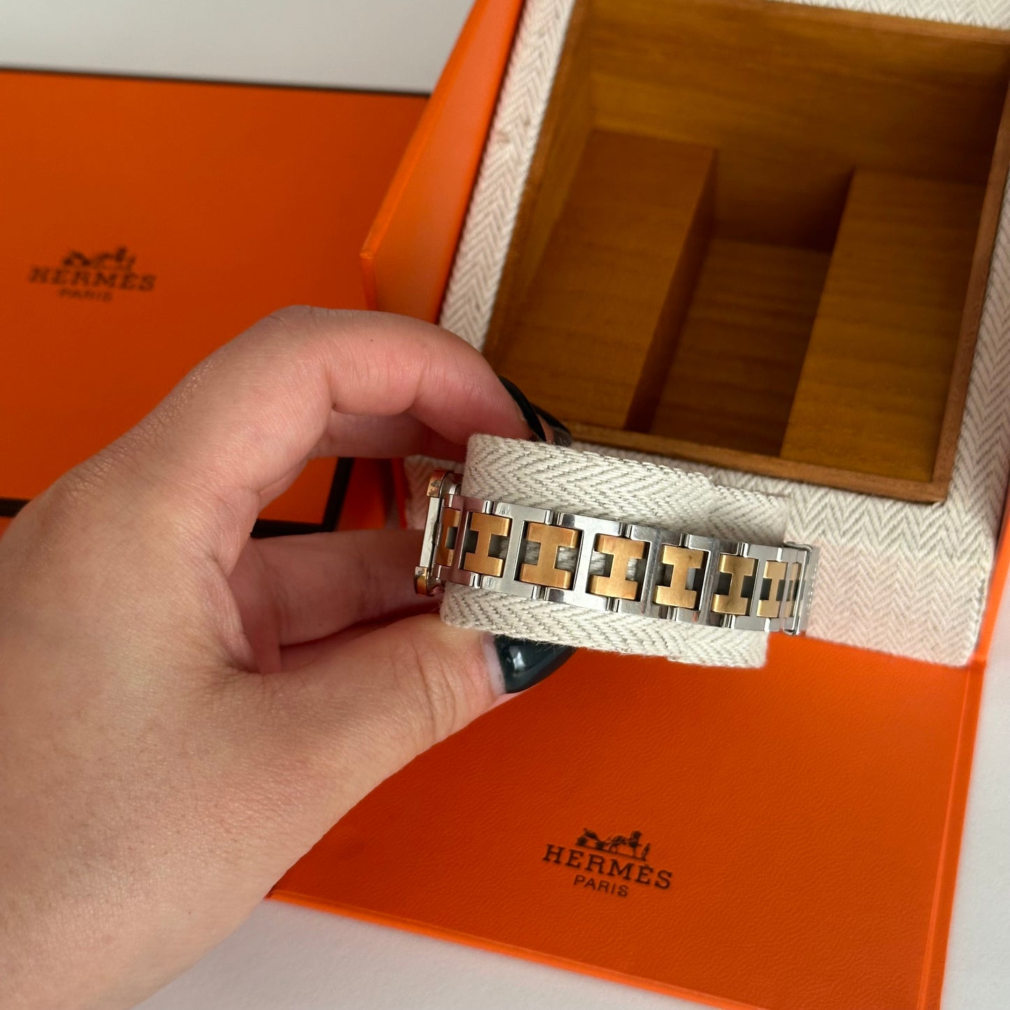Hermes Croisiere Tank Gold Dial Two Tone Watch w/ Box
