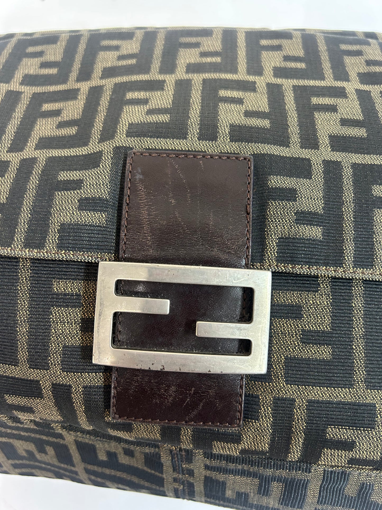 Fendi Brown Canvas Zucca Monogram Zipper Mamma Baguette Shoulder Bag