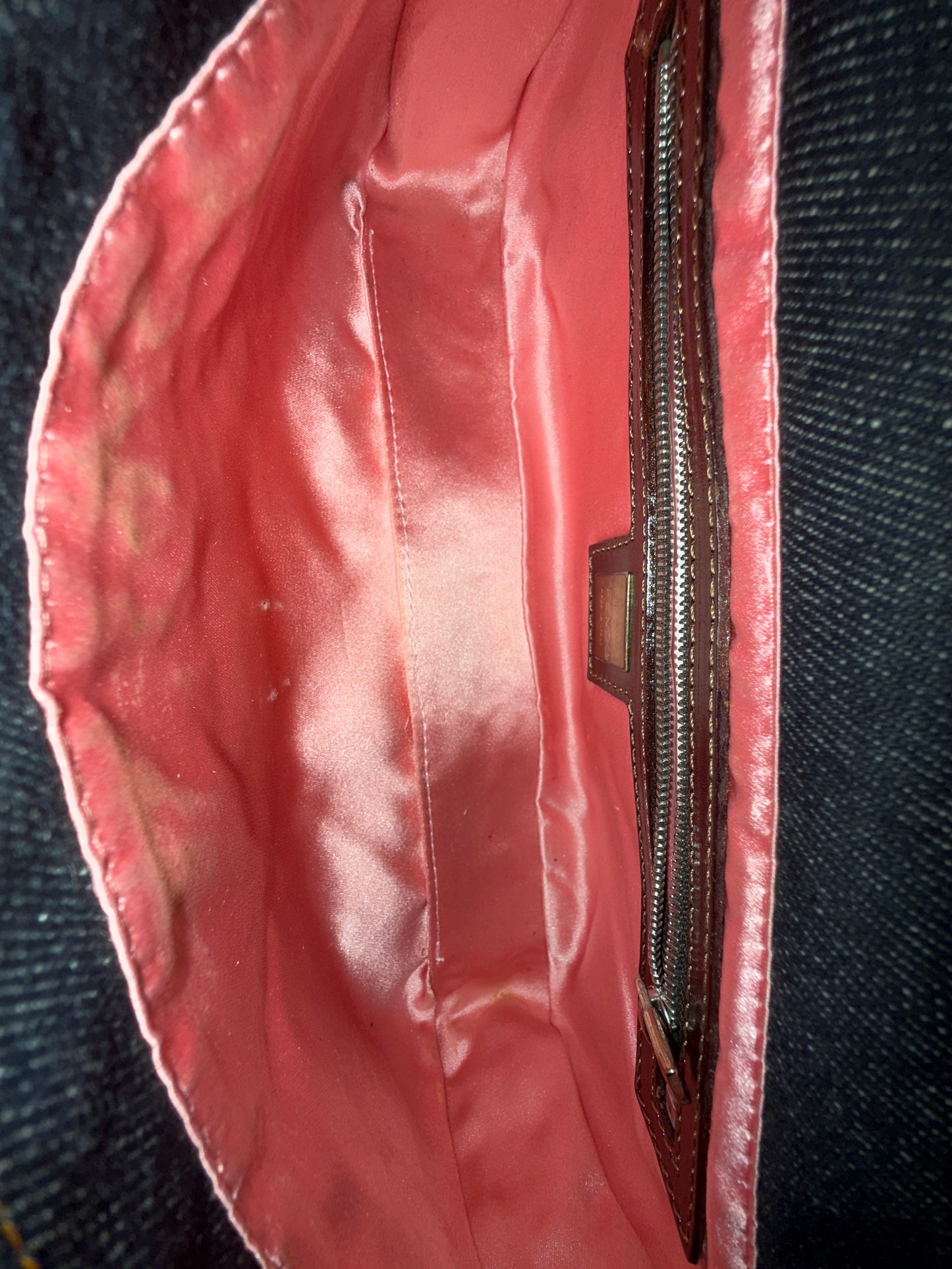 Fendi Denim Embroidered Pink Floral Baguette Shoulder Bag