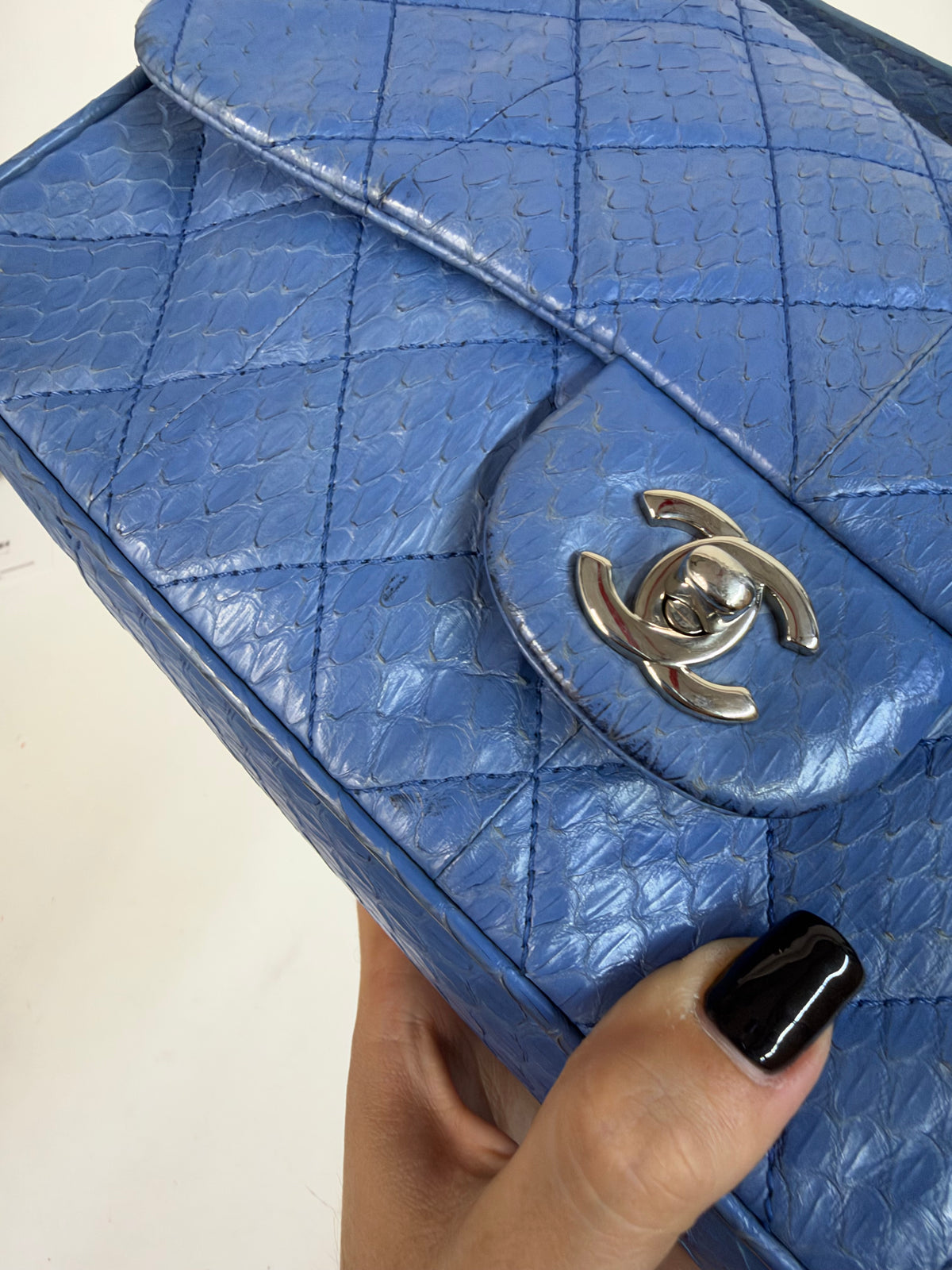 Chanel Blue Python Top Handle Flap Bag w/ Crossbody Strap