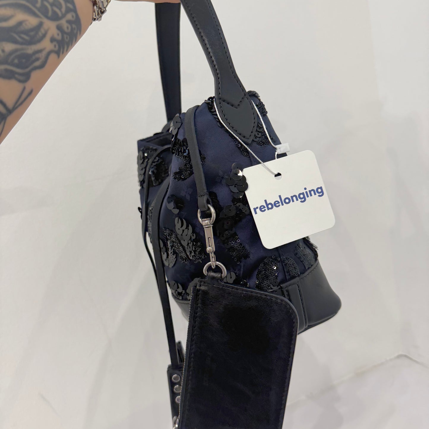 Louis Vuitton Navy Satin Monogram Spotlight PM Black Sequin Bucket Bag