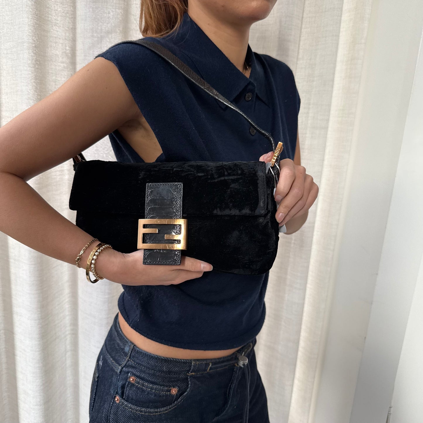 RARE Fendi Black Floral Embossed Velour & Crocodile GHW Baguette