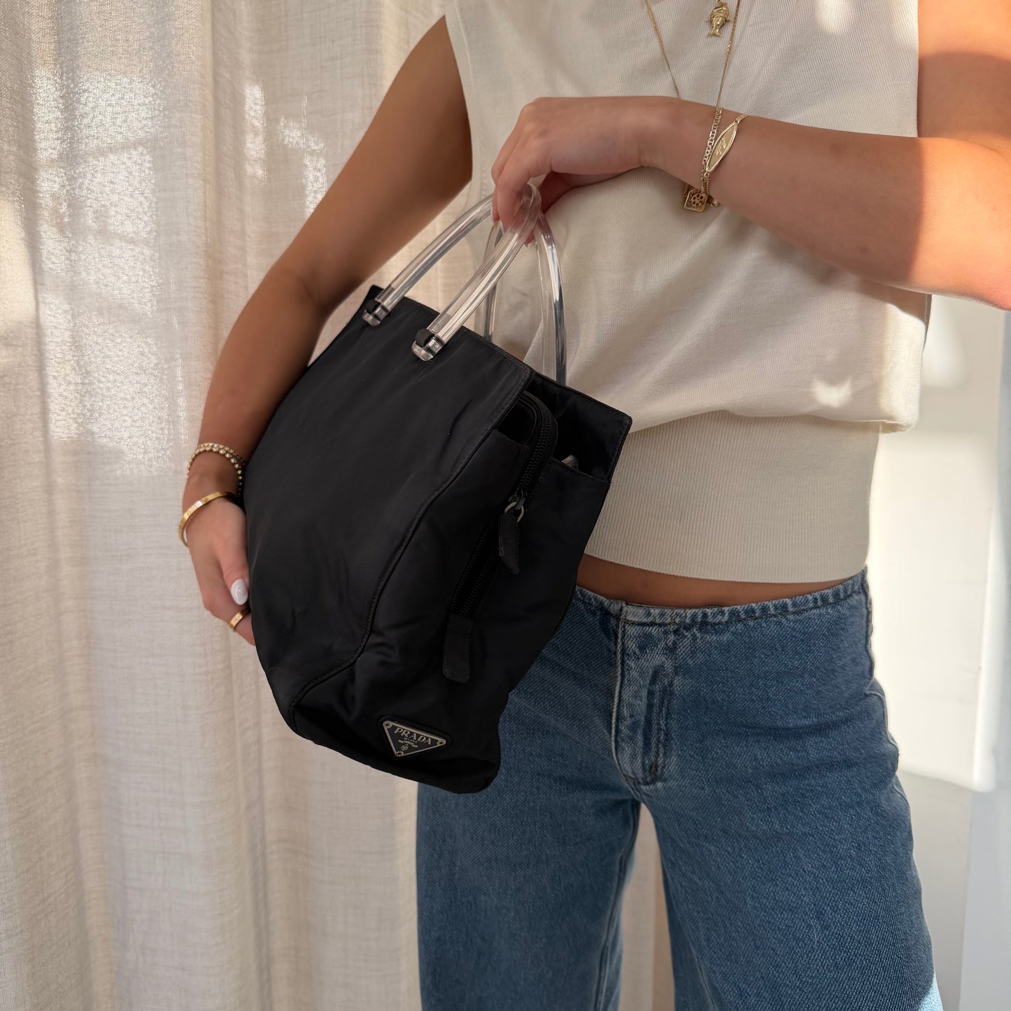 Prada Black Nylon Long Tote w/ Acrylic Handle