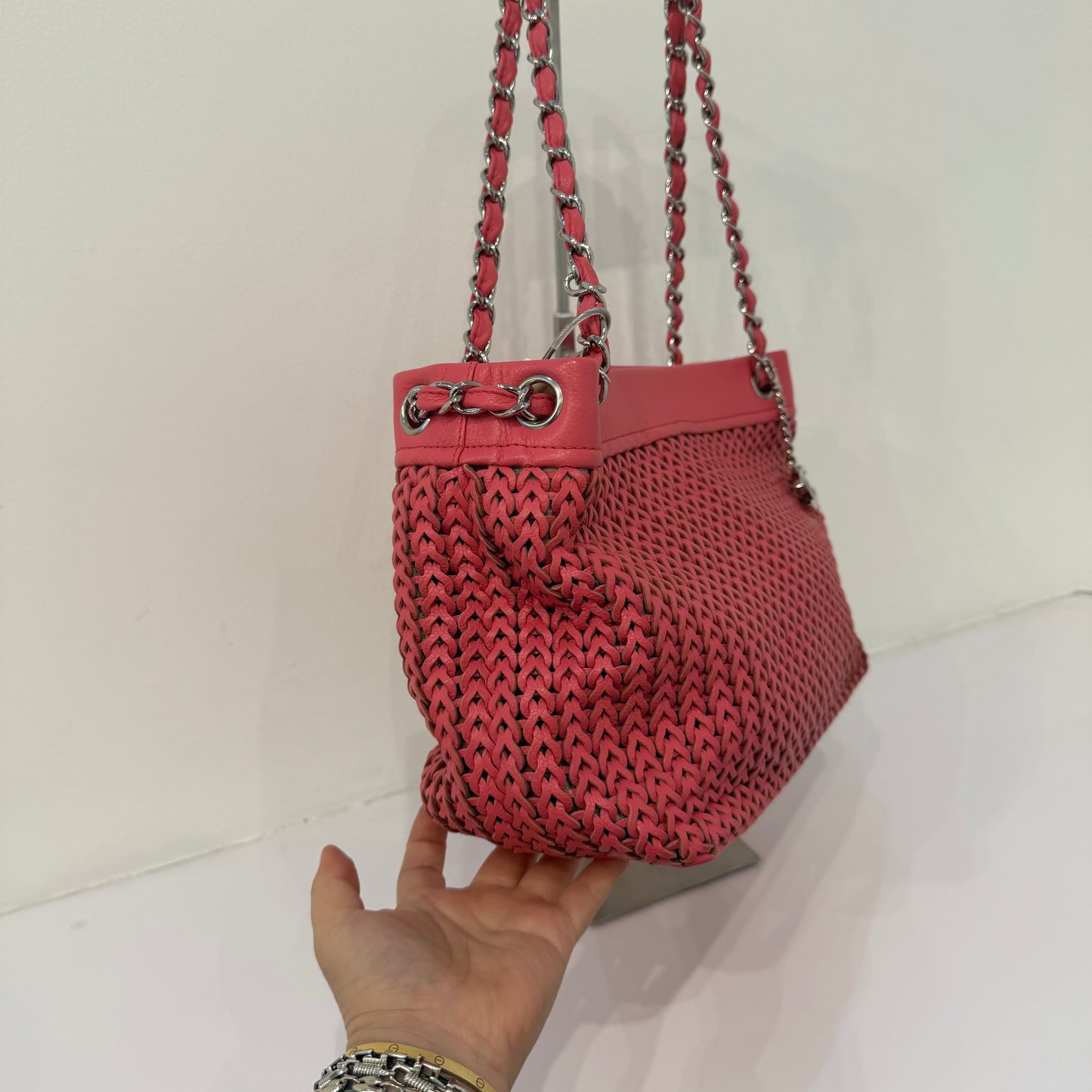 Chanel 2005 Pink Braided Leather Chain Strap Tote Bag