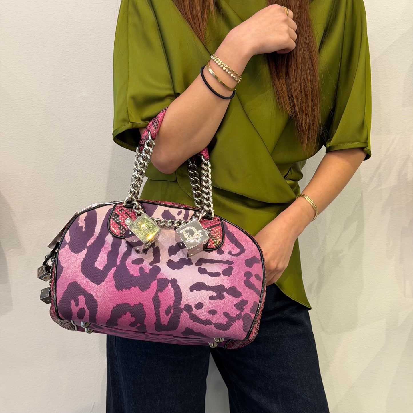 Christian Dior Pink Python Leather & Canvas Cheetah Print Gambler Dice Bowler Bag