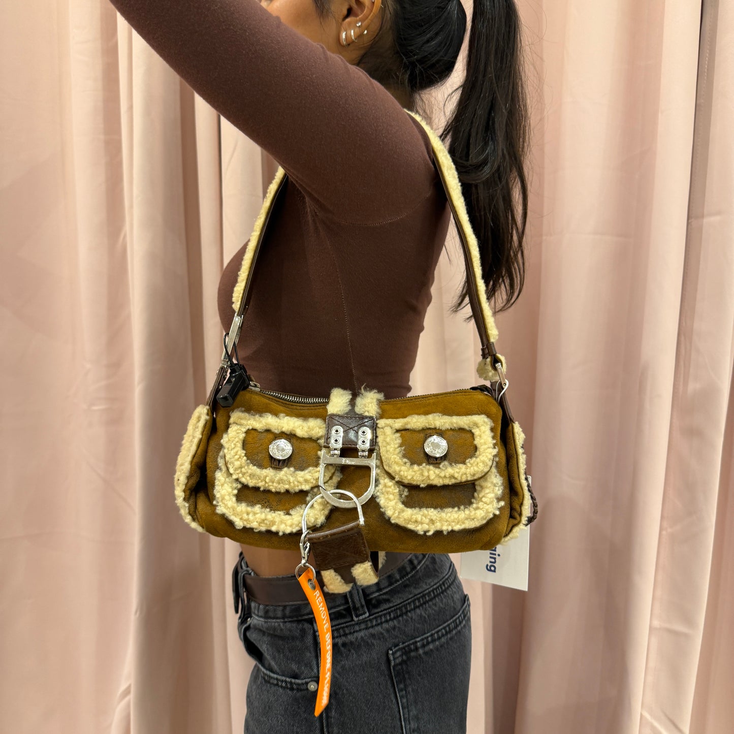 Christian Dior Brown Shearling Flight Shoulder Bag
