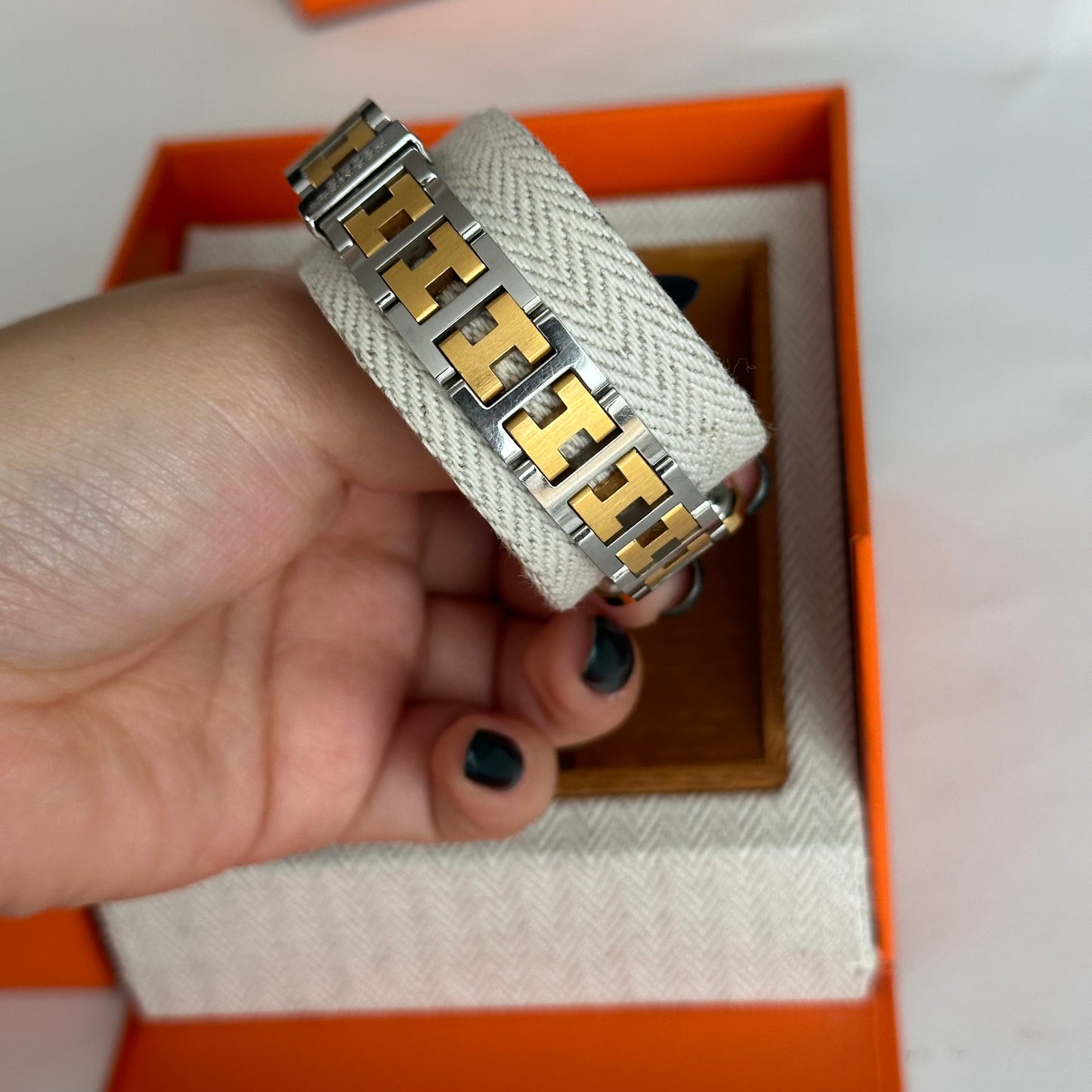 Hermes Croisiere Tank White Dial Two Tone Watch w/ Box