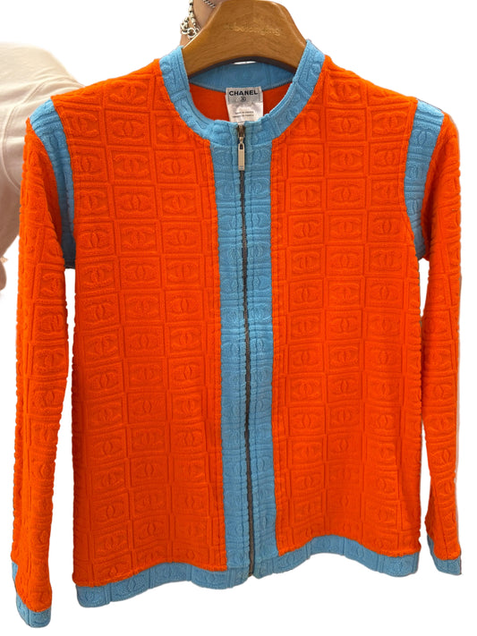 Chanel Orange Blue Terry Cloth Zip Up Logo Jacket