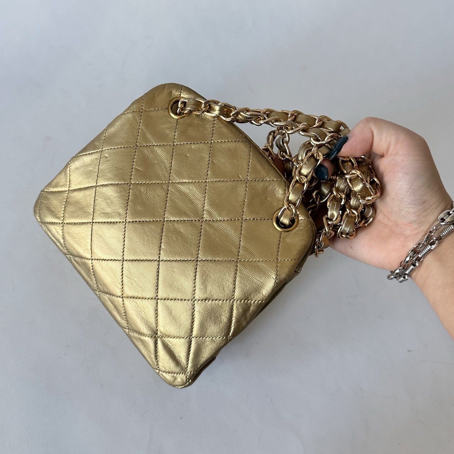 Chanel 1990 Gold Lambskin Kisslock Shoulder Bag