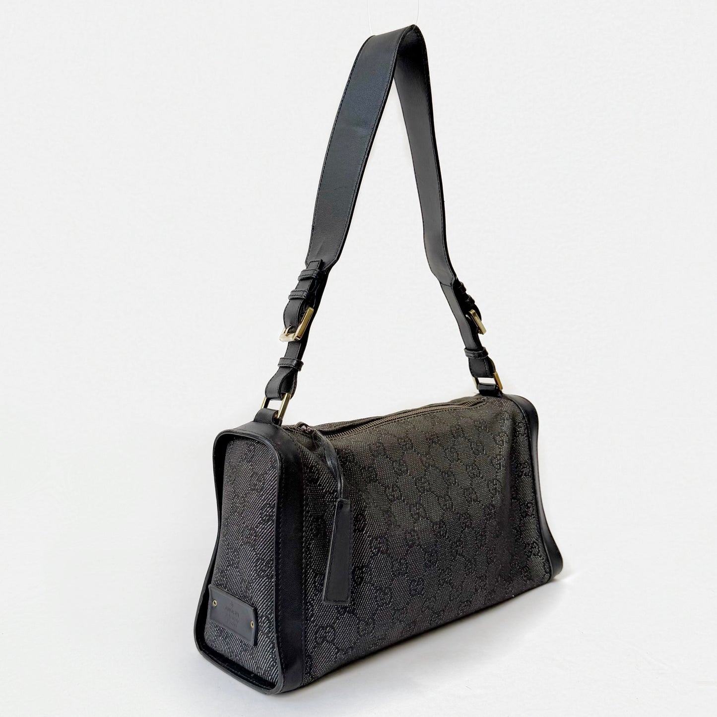 Gucci Black Denim & Leather Monogram Shoulder Bag