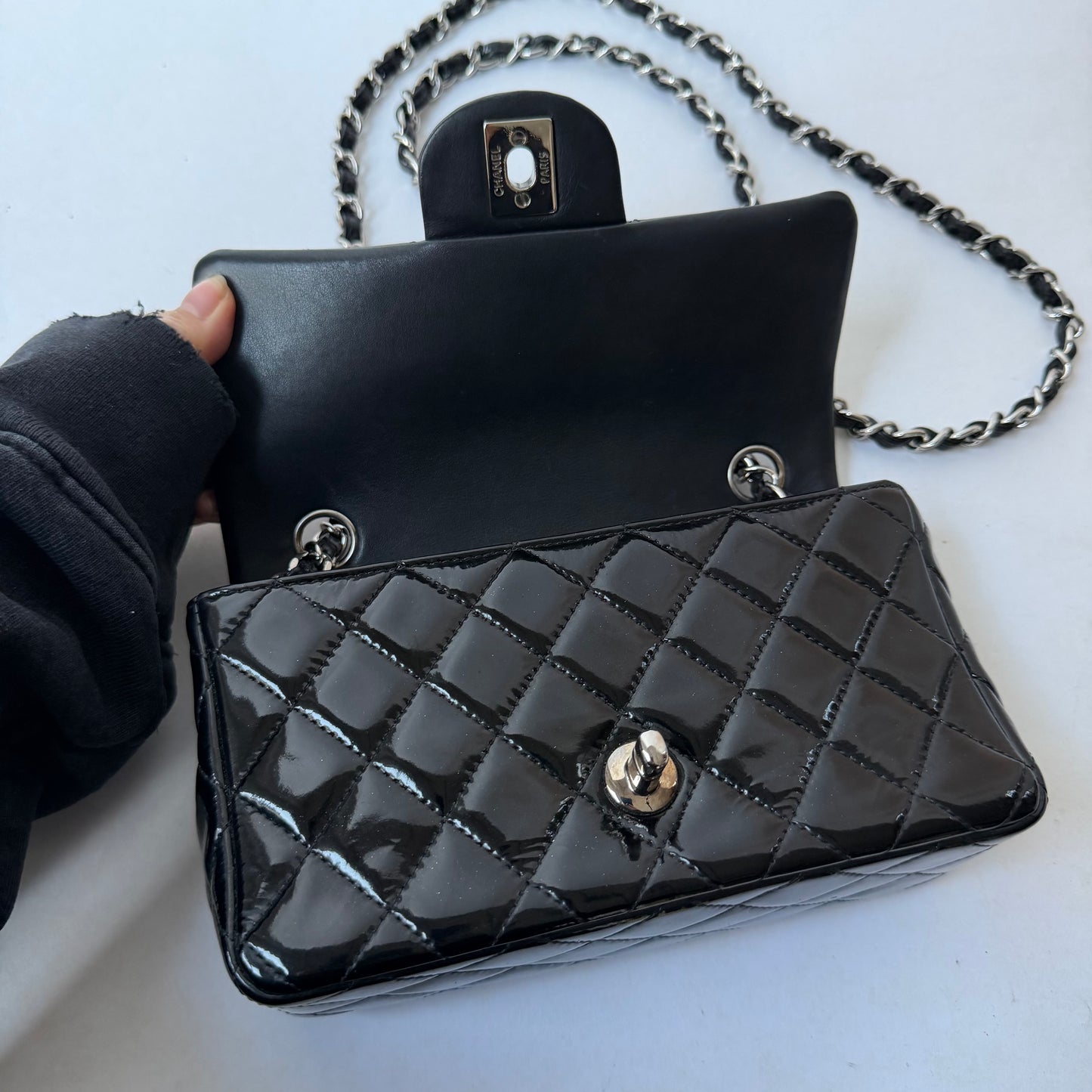 Chanel 2014 Black Patent Leather Mini Crossbody Flap Bag
