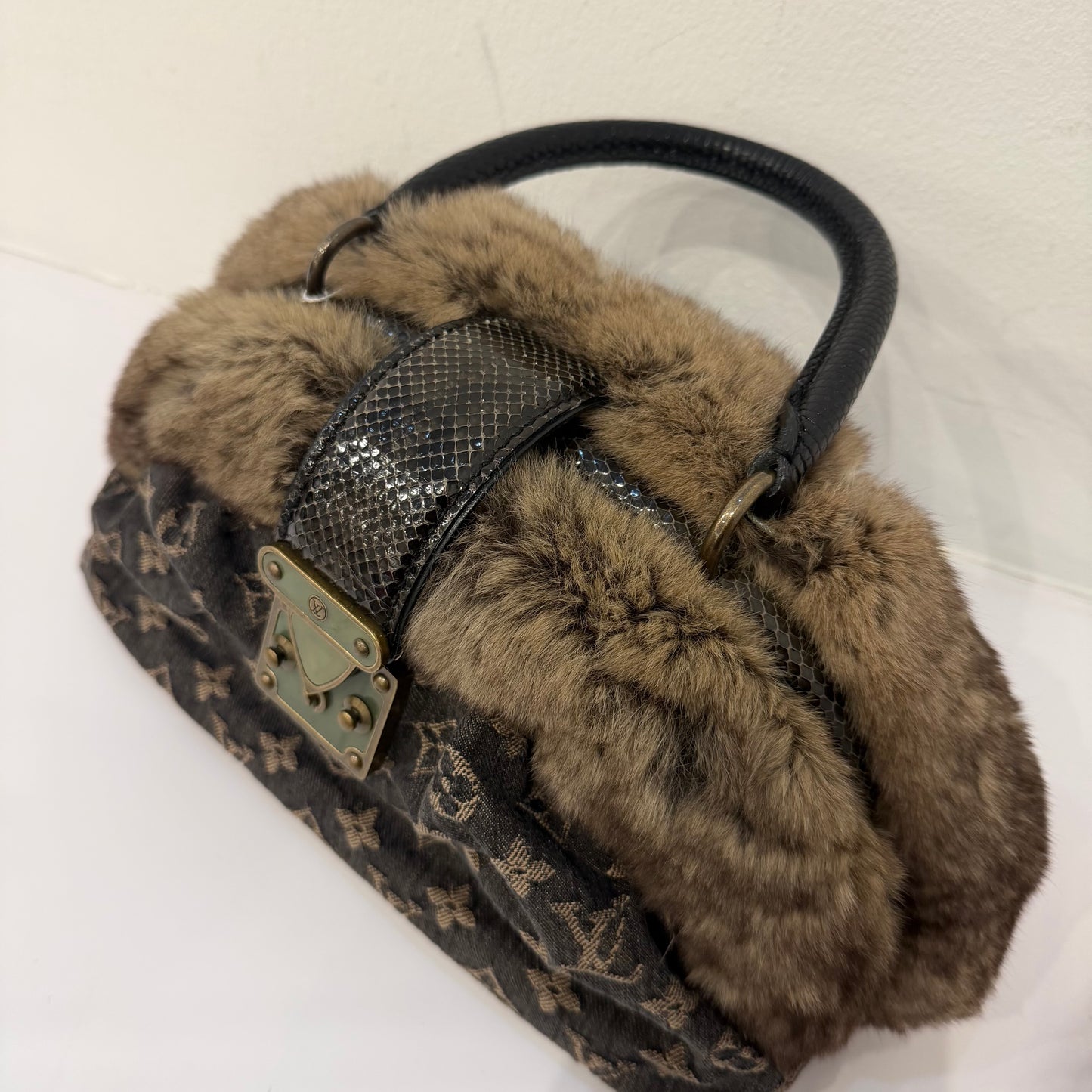 Louis Vuitton Brown Monogram Denim Chinchilla Demi Lune Bowler Bag