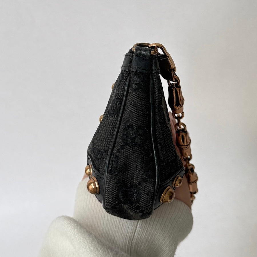 Gucci Black Canvas Monogram Web Bamboo Handle Pochette