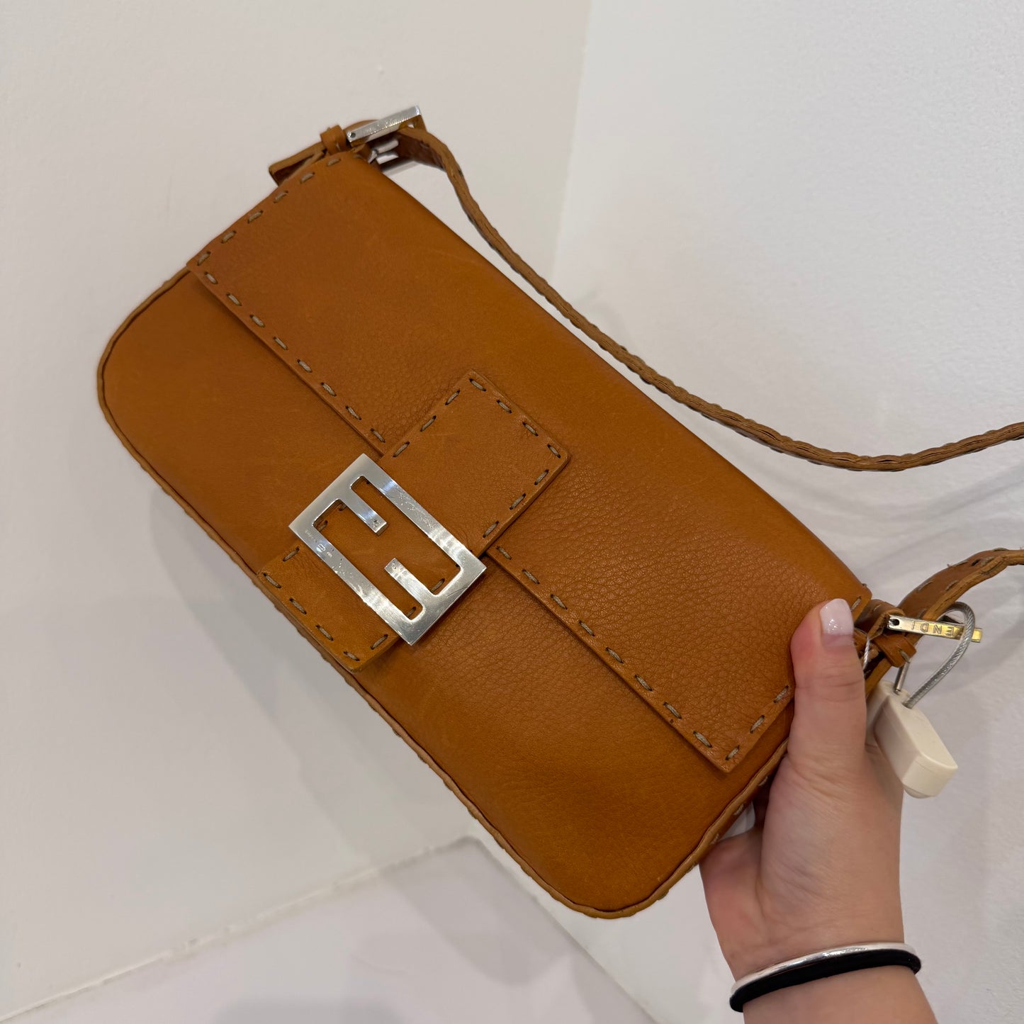 Fendi Brown Selleria Sterling Silver Hardware Baguette Bag