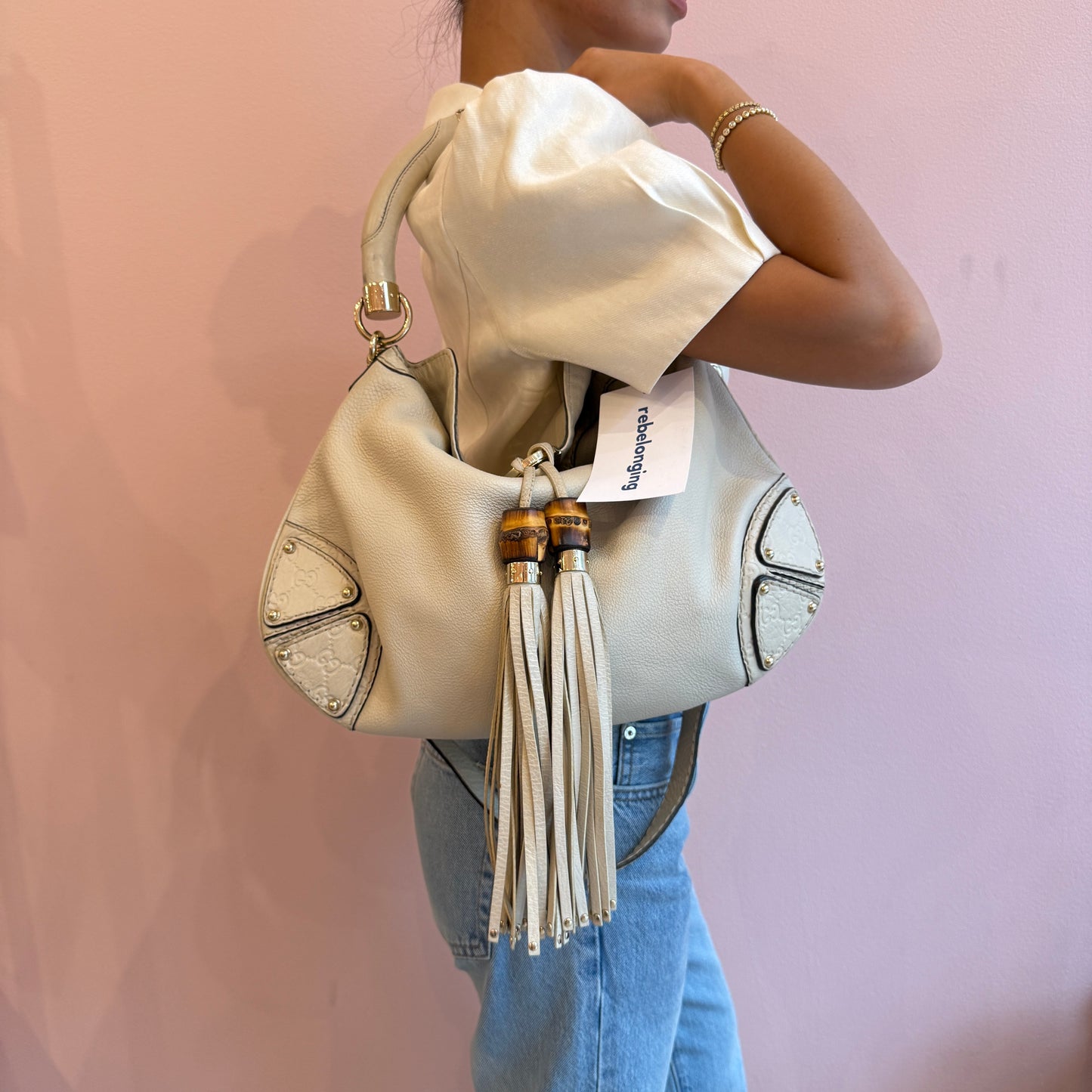 Gucci Beige Leather Monogram Canvas Babouska Indy Shoulder Bag