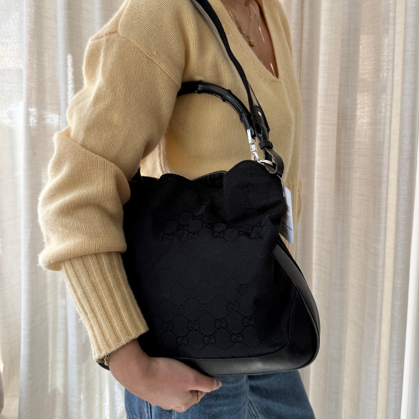 Gucci Black Monogram Canvas Two Way Bamboo Handle