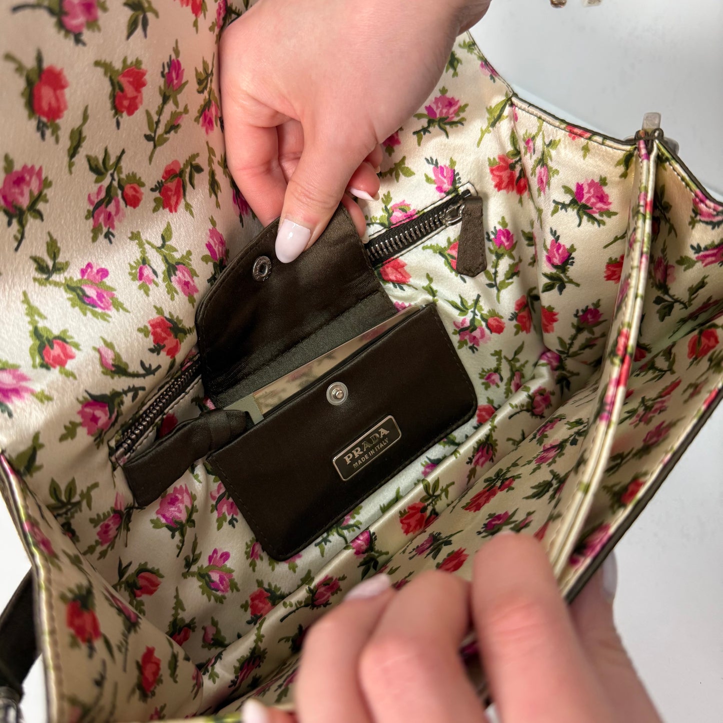 RARE Prada Green Silk Reversible Floral Top Handle Clutch