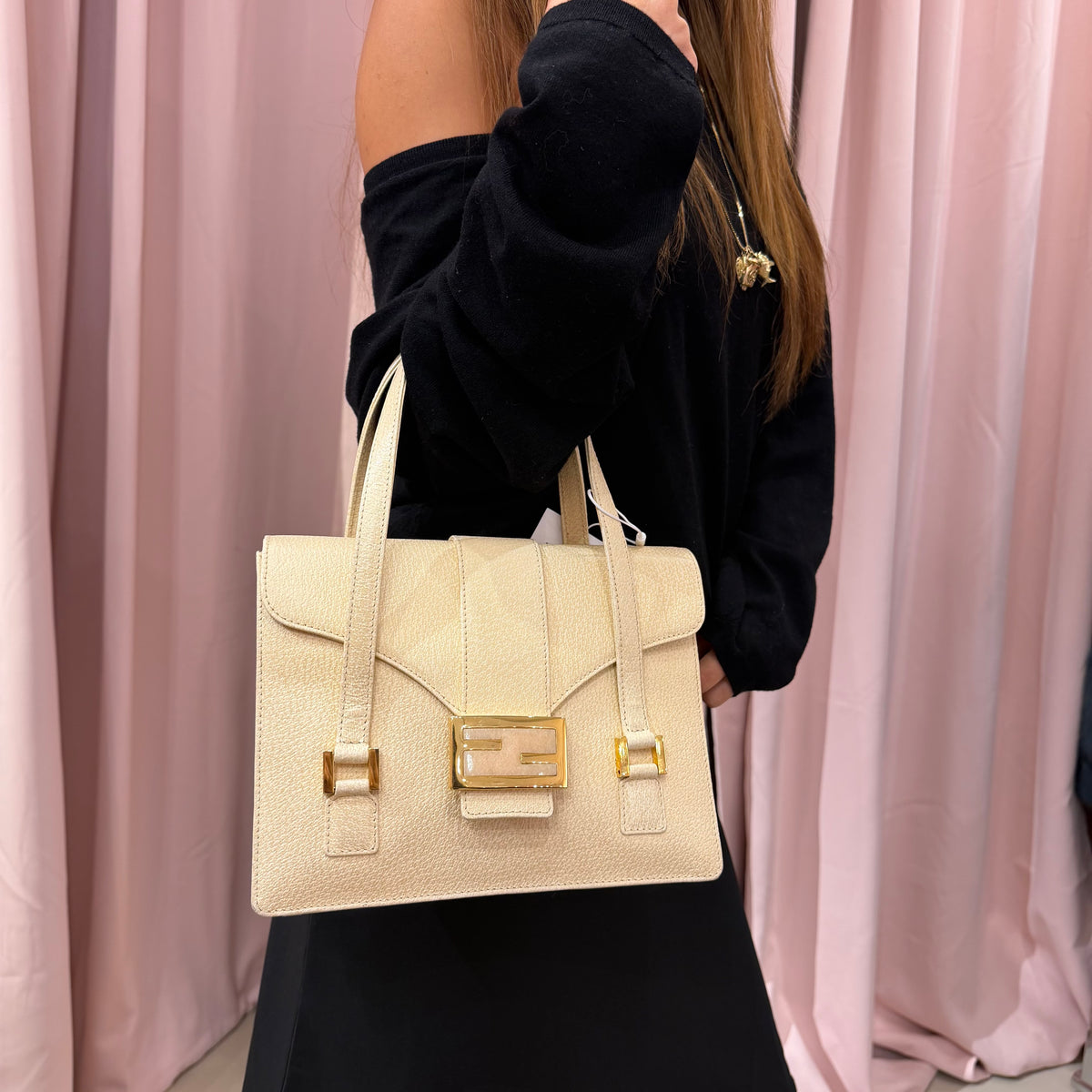 Fendi Beige Stone Hardware Top Handle Bag
