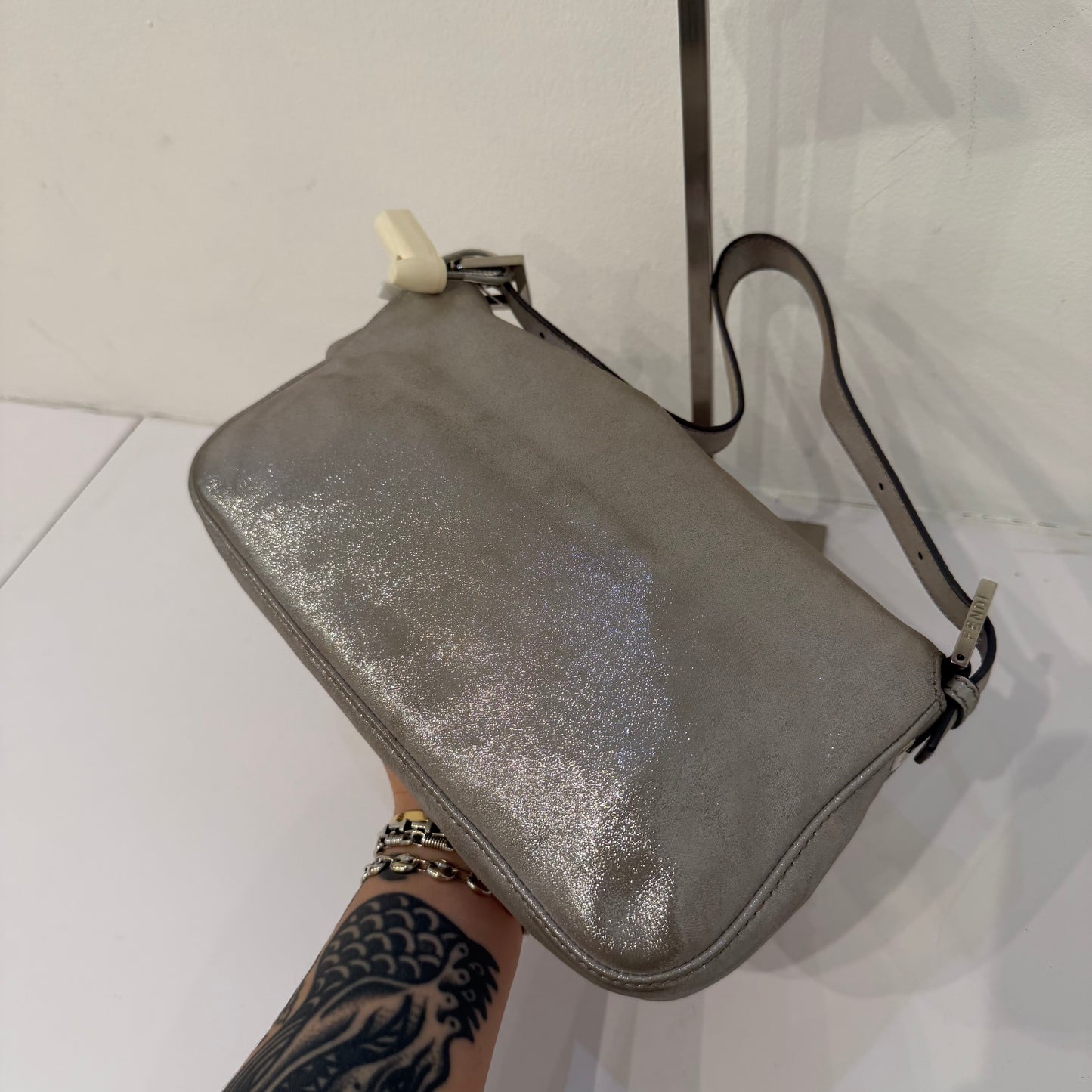 Fendi Silver Metallic Textured Leather Baguette