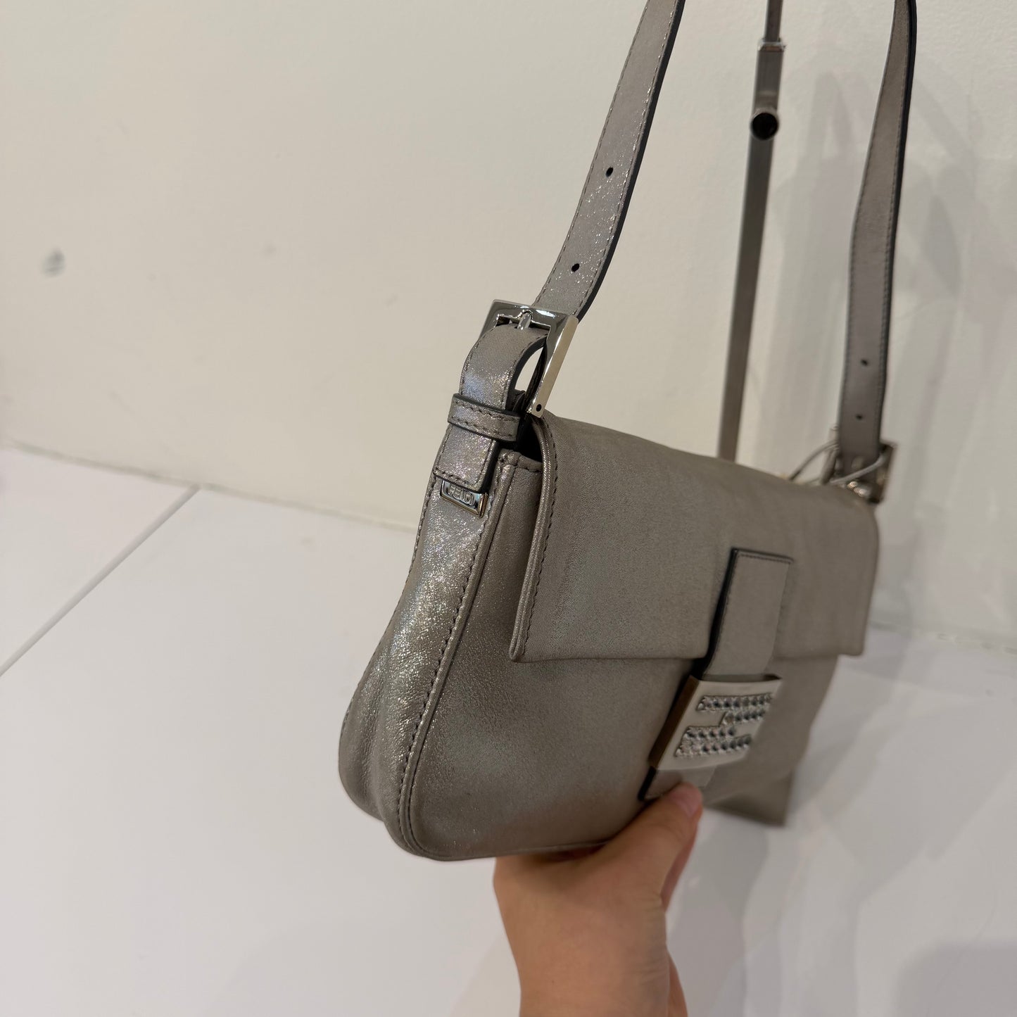 Fendi Silver Metallic Textured Leather Baguette