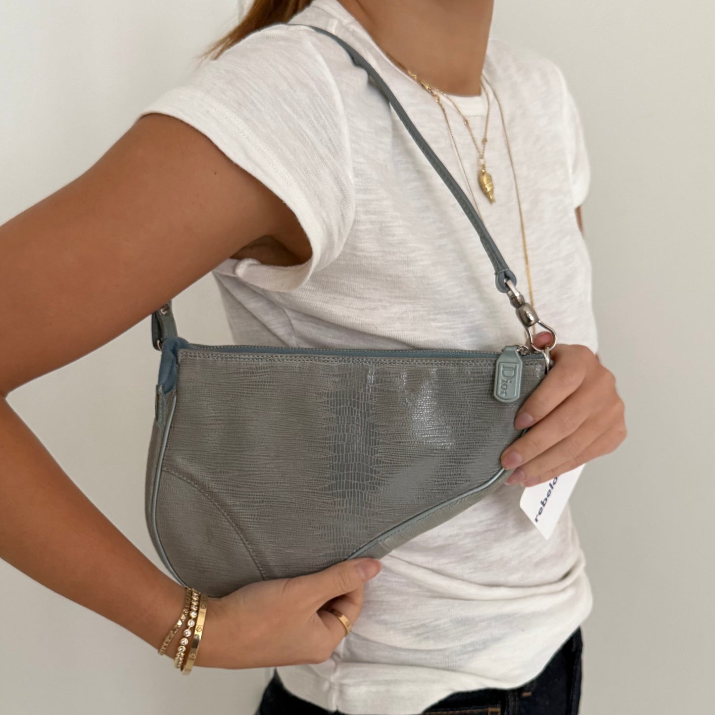 Christian Dior Blue Lizard Saddle Pochette Shoulder Bag