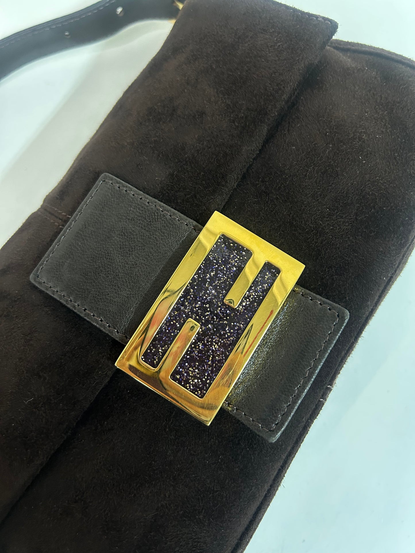 Fendi Brown Suede & Leather Baguette Shoulder Bag GHW