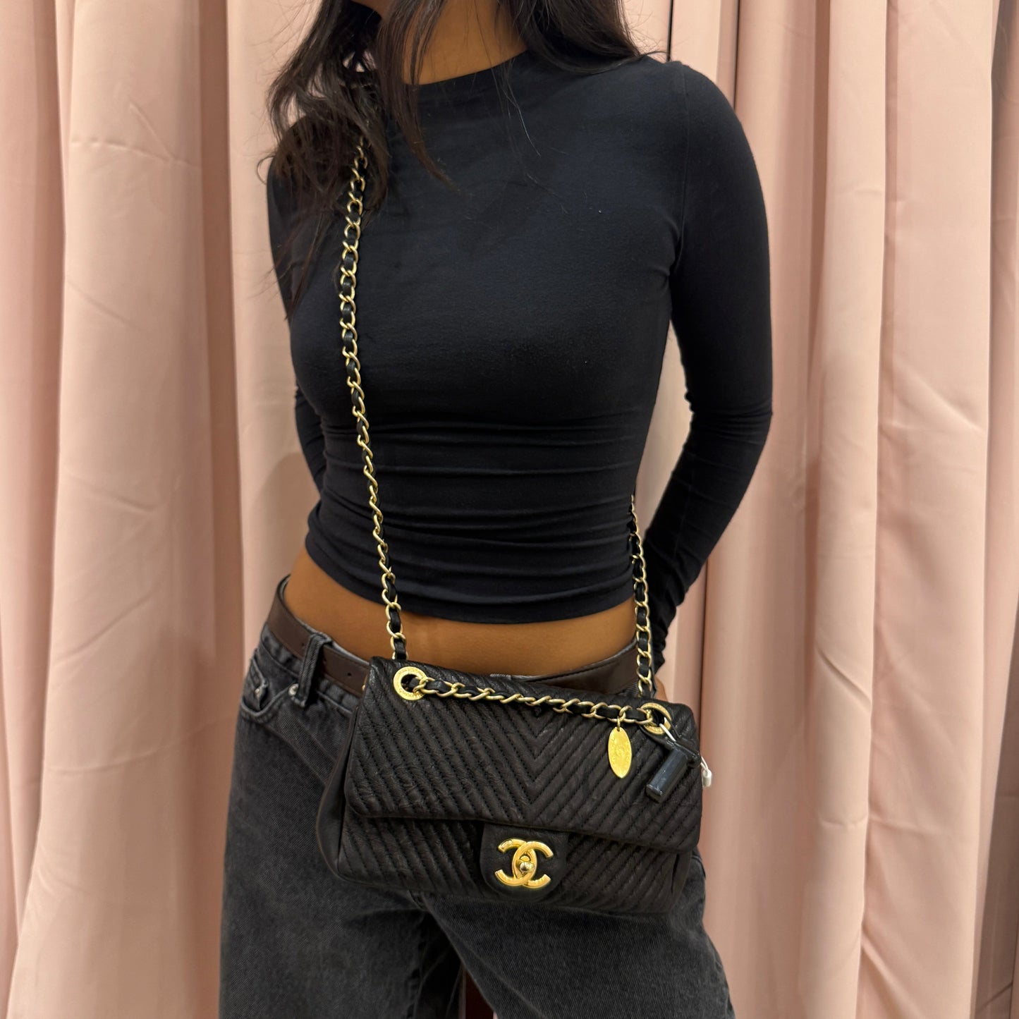 Chanel Black Lambskin Leather Chevron Quilted Mini Flap