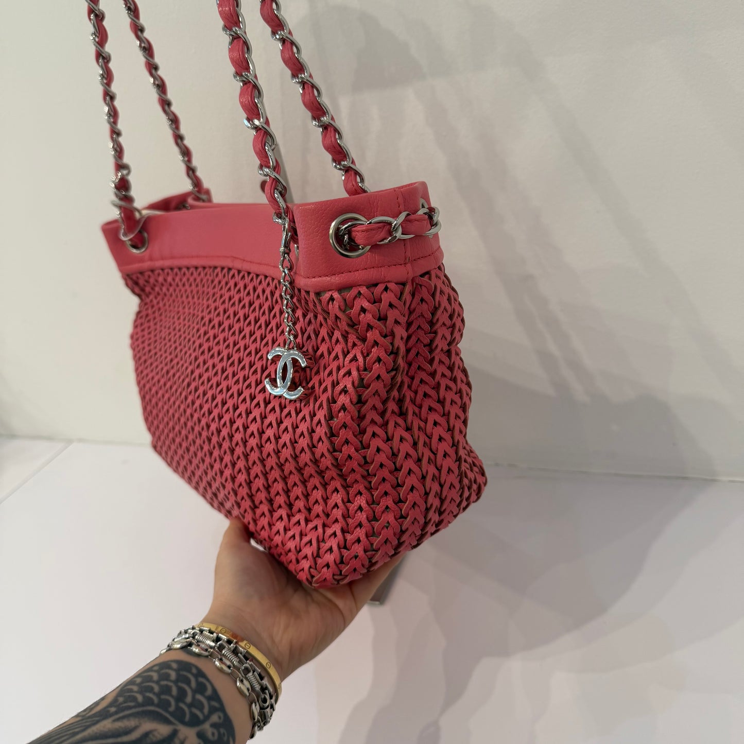 Chanel 2005 Pink Braided Leather Chain Strap Tote Bag