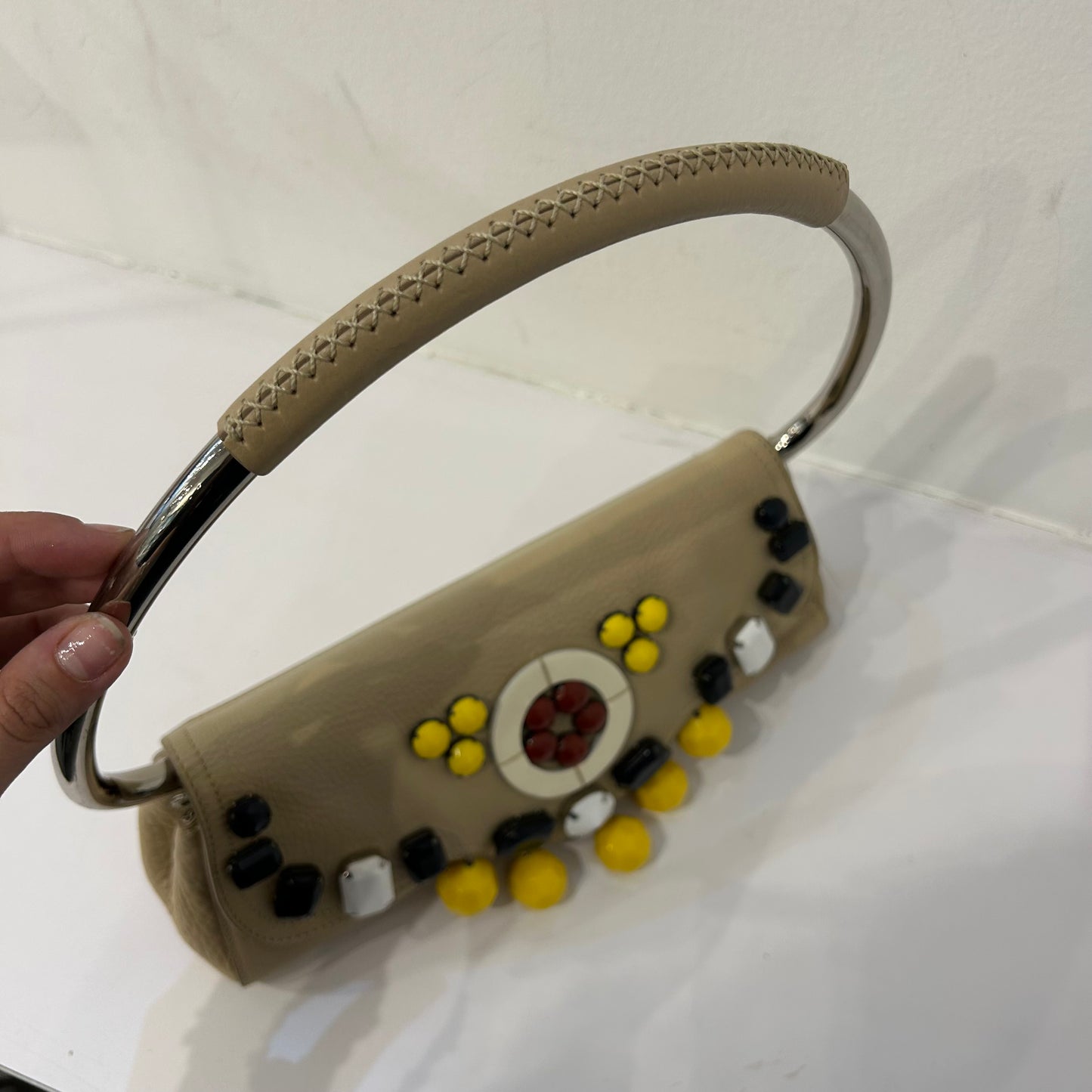 Prada Beige Multicolored Leather Beaded Jewel Metal Handle Shoulder Bag