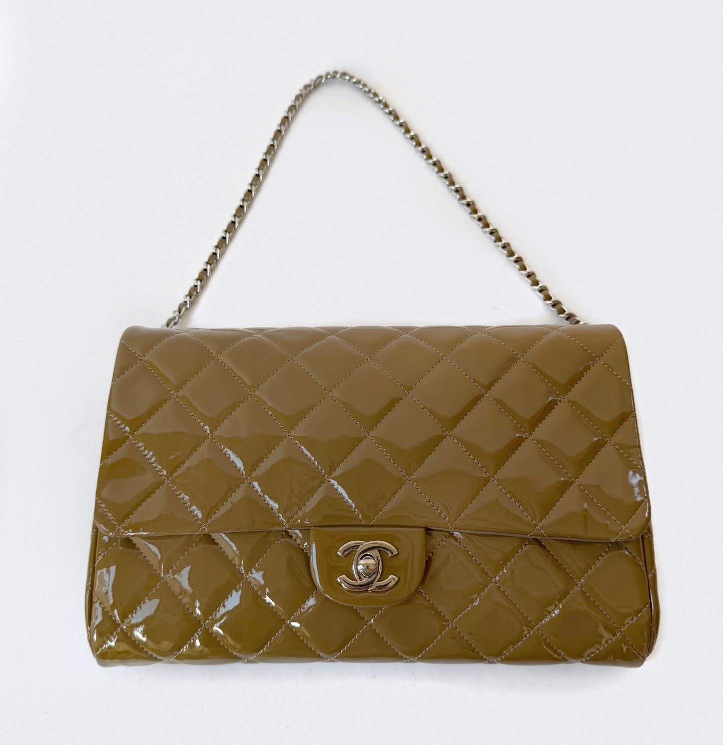 Chanel 2011 Patent Khaki Leather Classic Flap Clutch Shoulder Bag