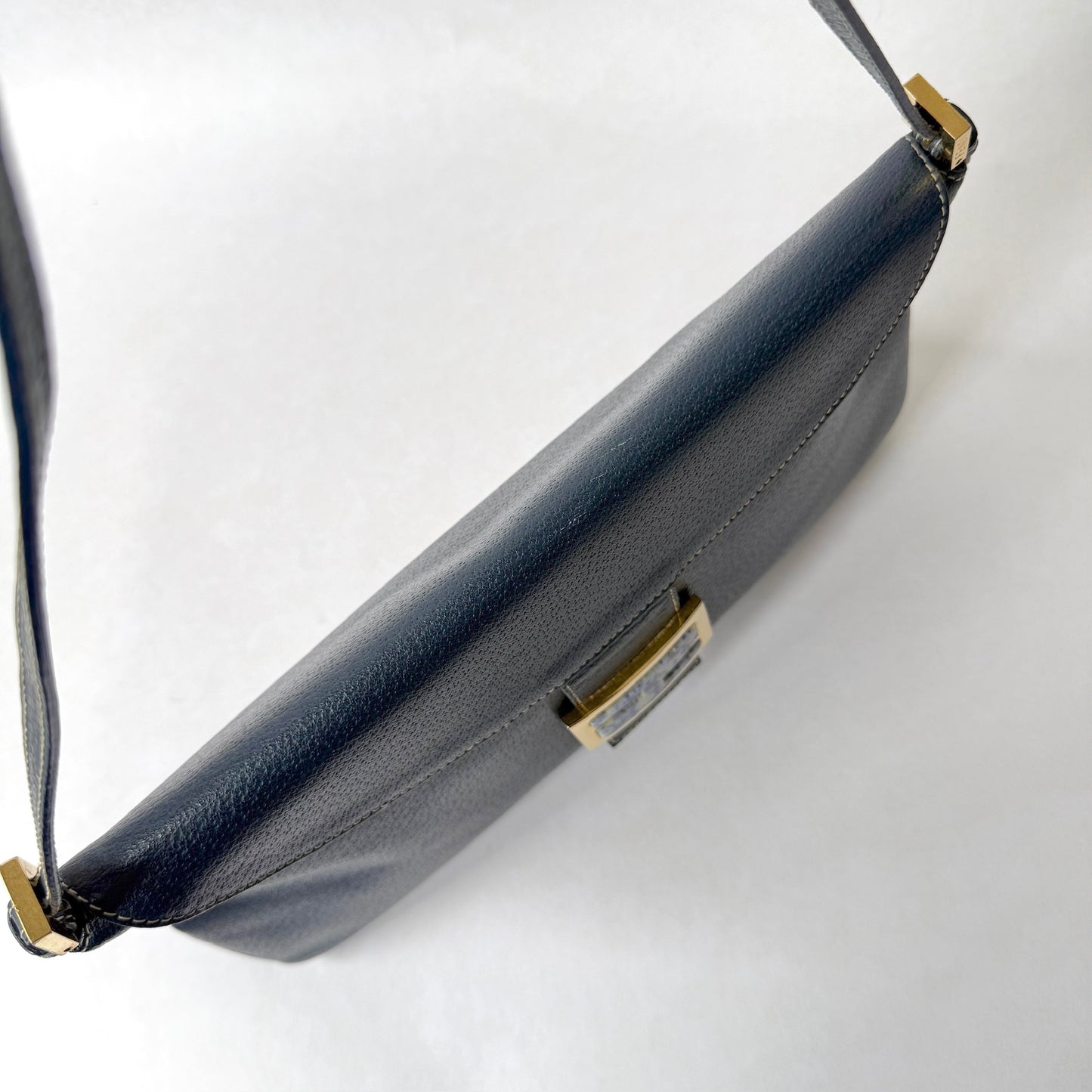Fendi Navy Blue & Stone Hardware Flap Over Baguette Shoulder Bag