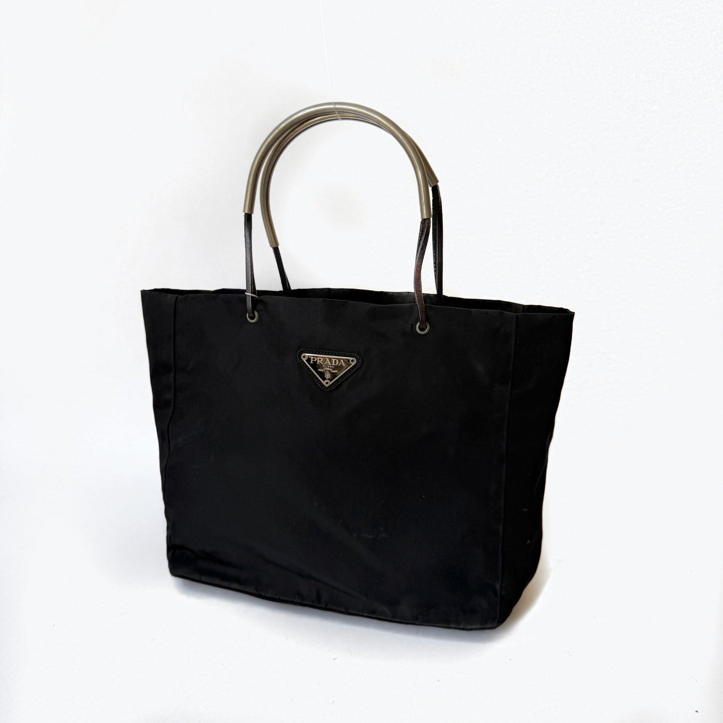 Prada Black Nylon Metal Handle Tote Bag