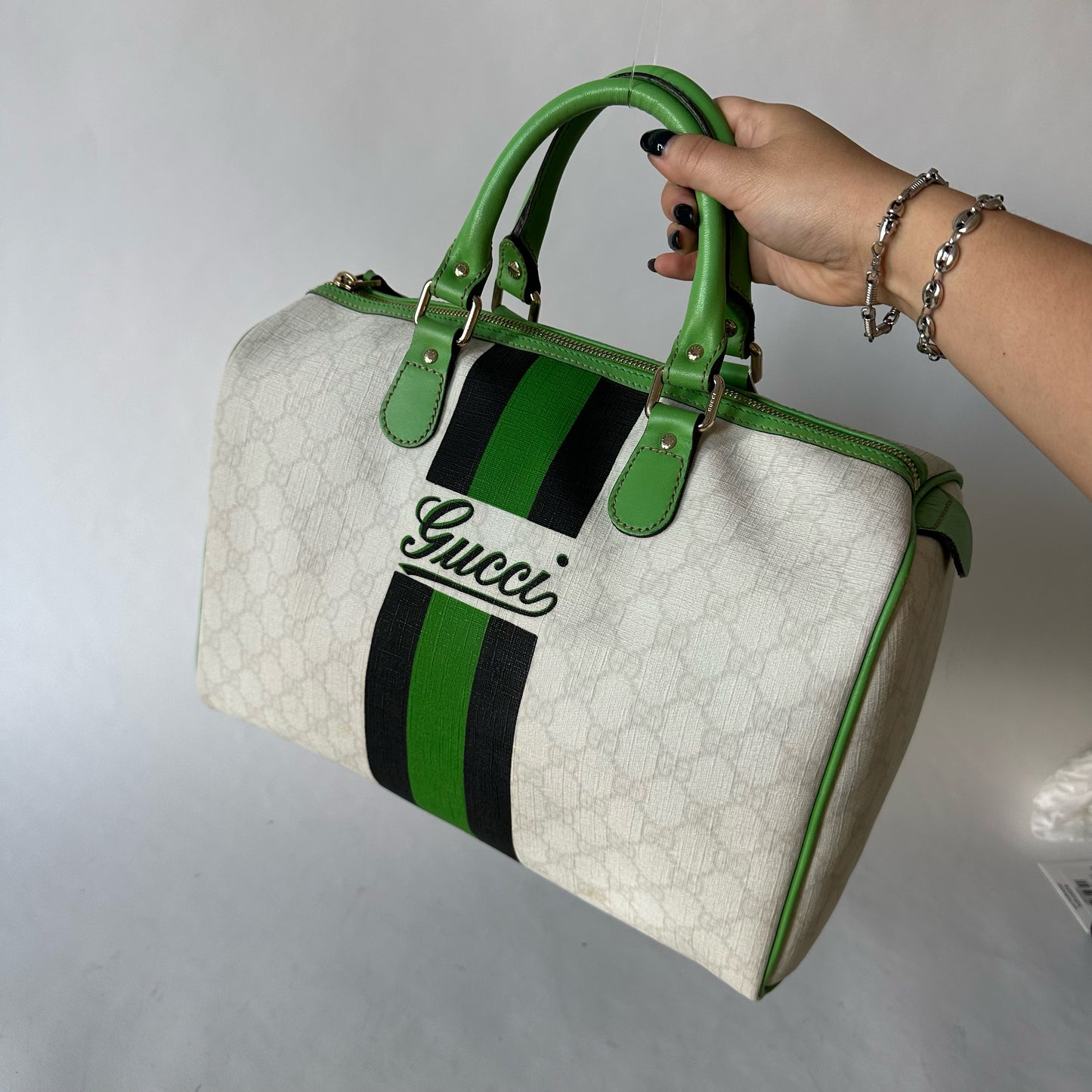 Gucci White Monogram Green Web Stripe Large Boston Bag
