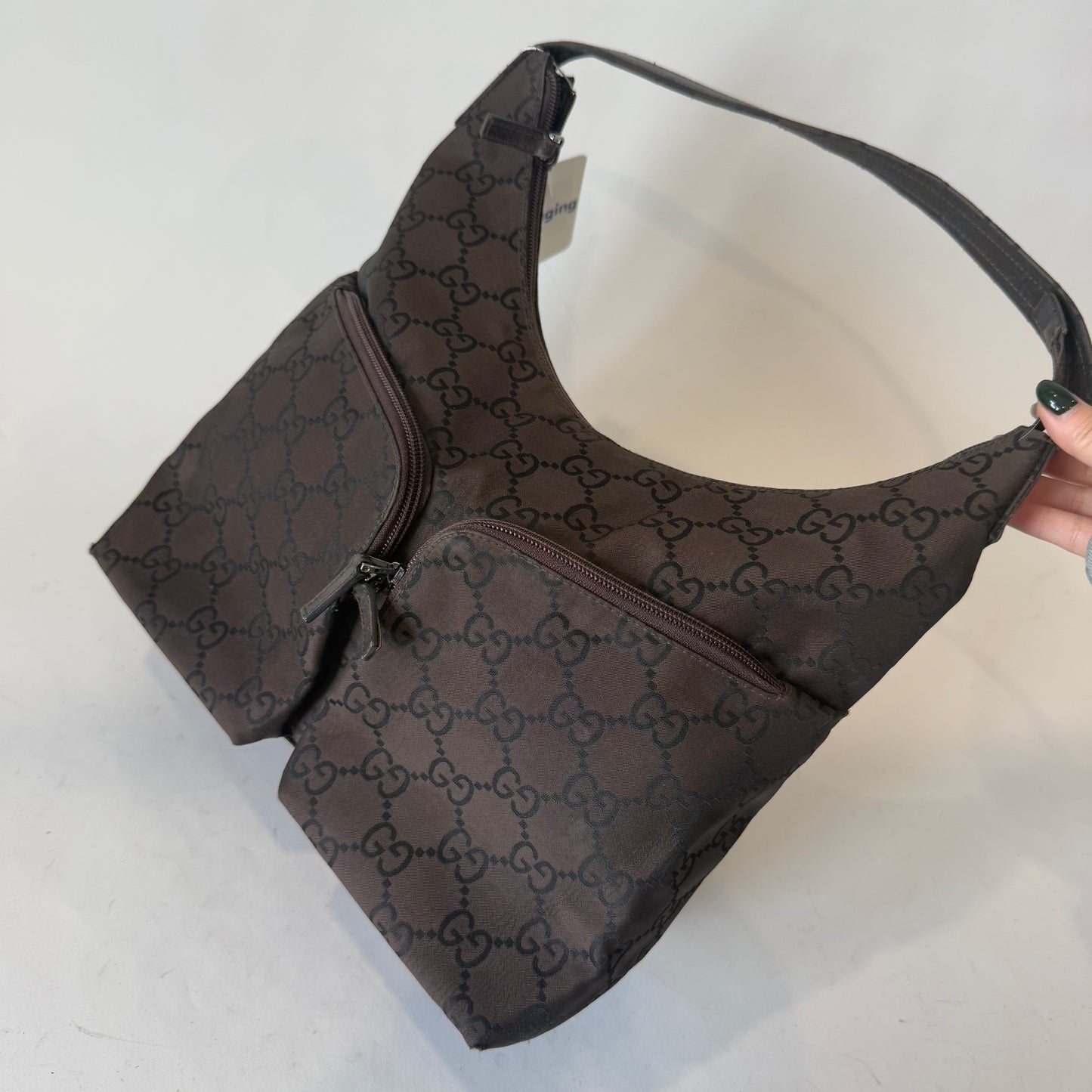 Gucci Dark Brown Nylon Monogram Double Front Pocket Tote Bag