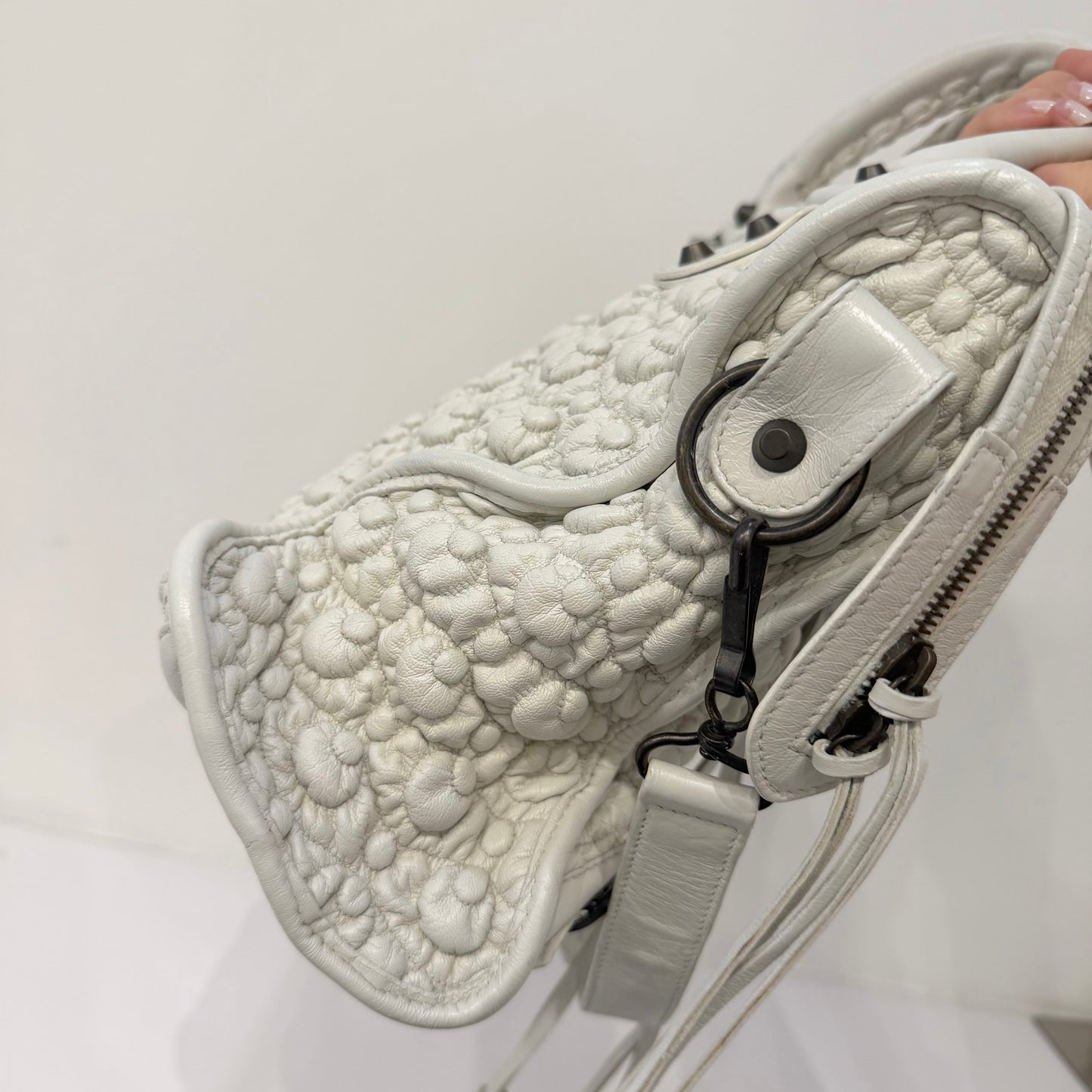 RARE Balenciaga White Leather Bubble Quilted City Bag