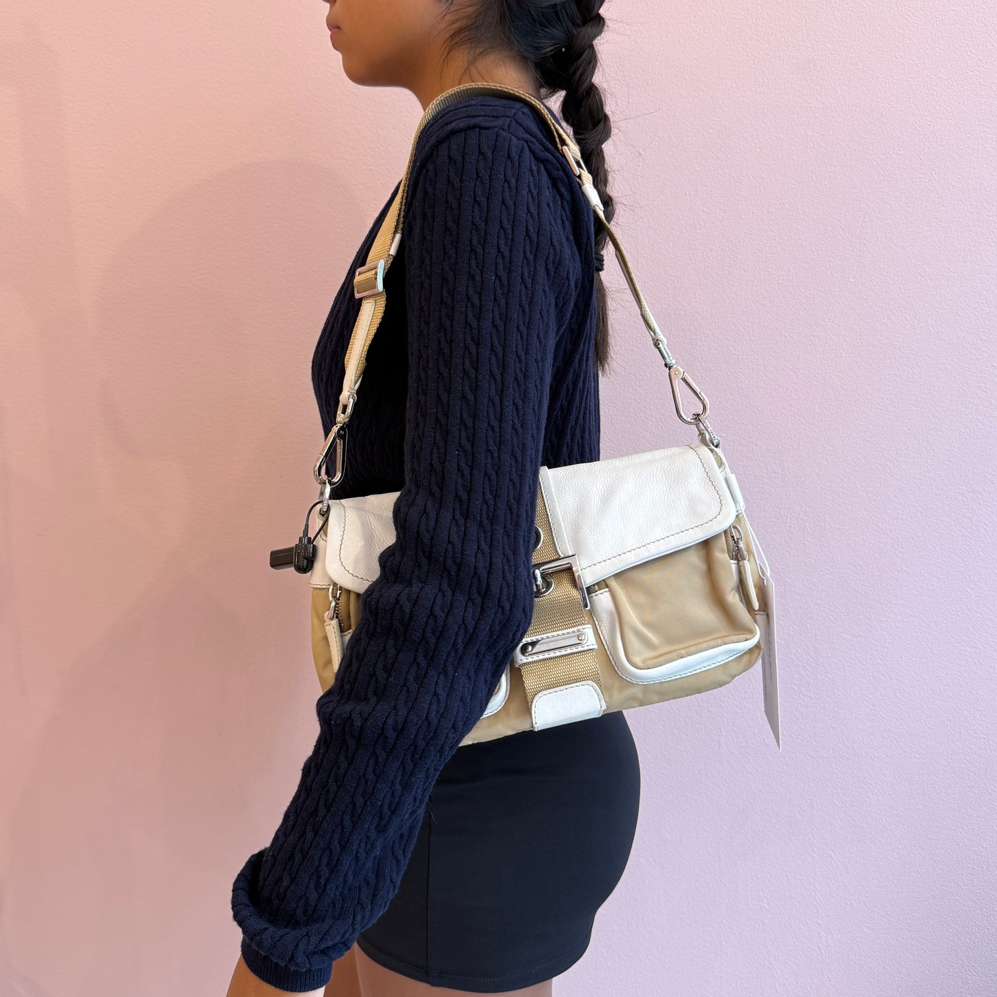Prada White Leather & Beige Nylon Shoulder Bag