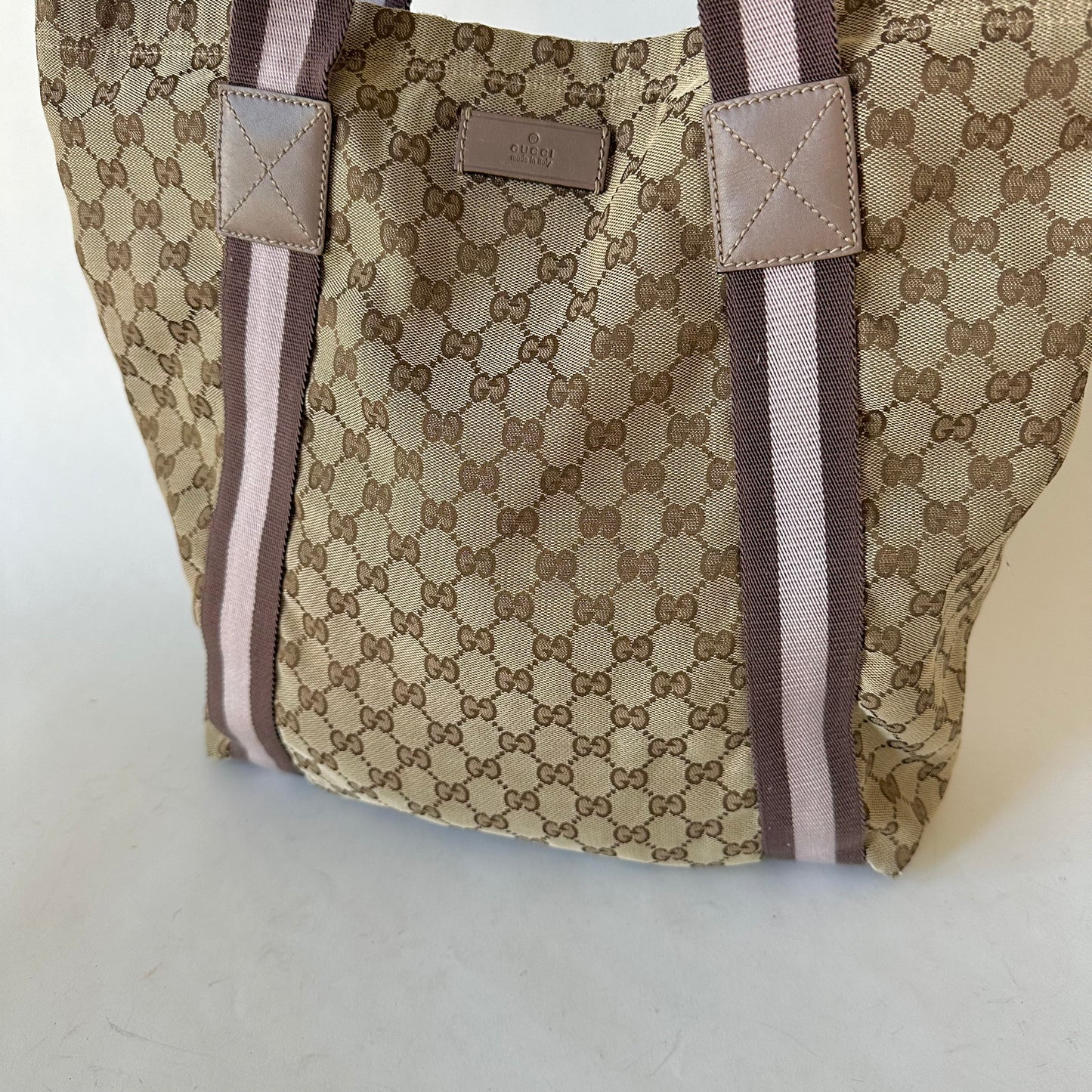 Gucci Brown Monogram Tote W/ Lilac Web Stripe