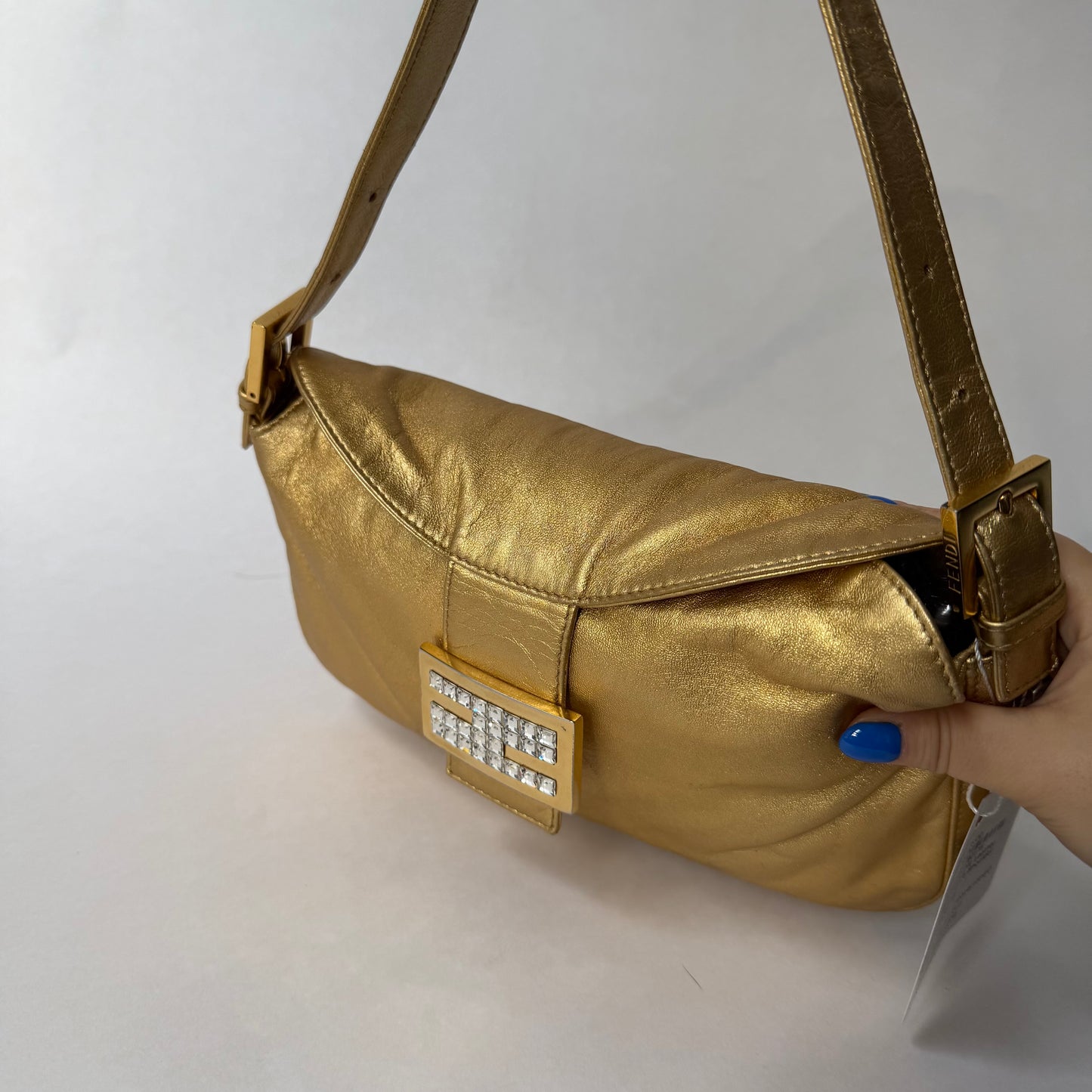 Fendi Gold Metallic Leather Rounded Baguette Shoulder Bag