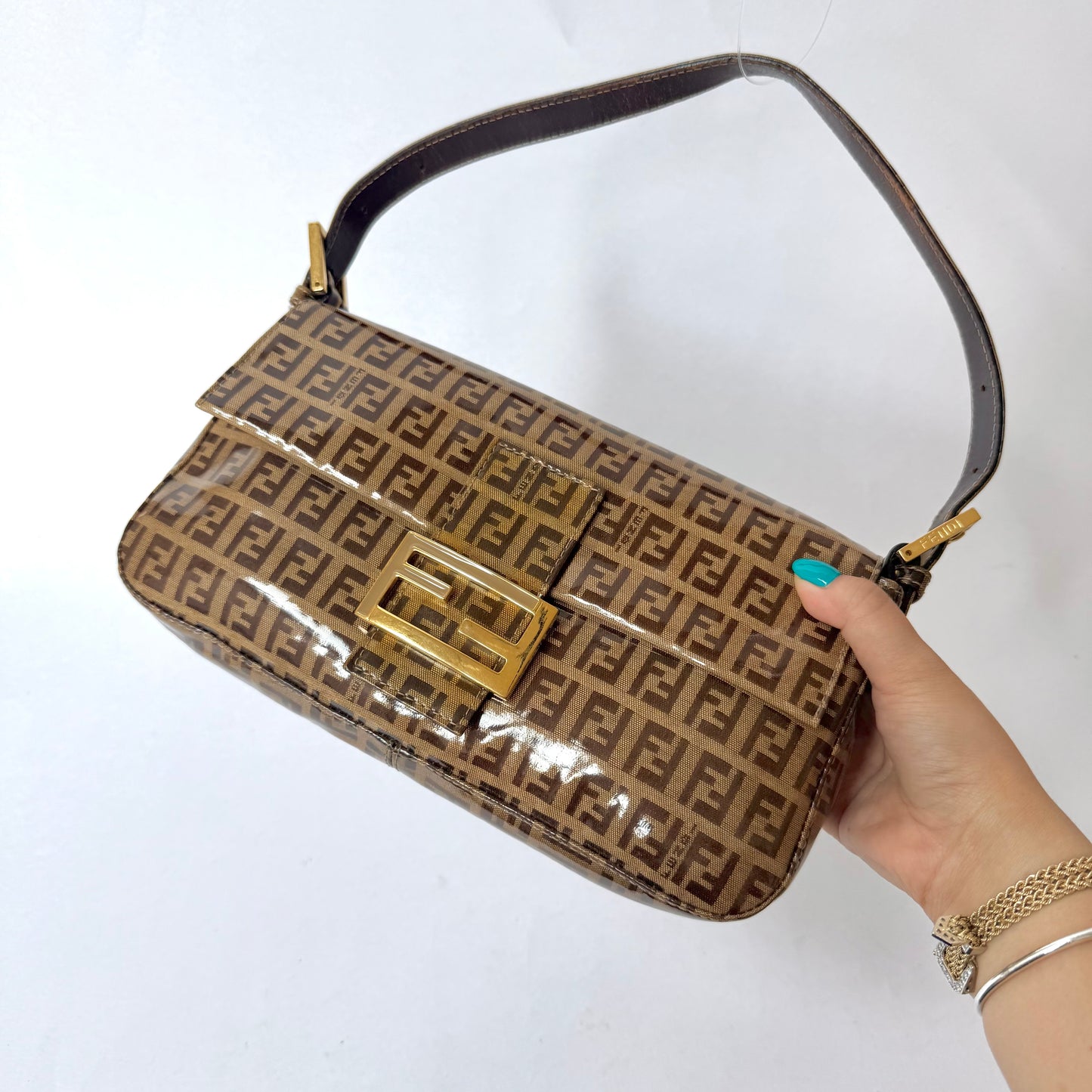 Fendi Brown Zucchino Patent Leather Baguette