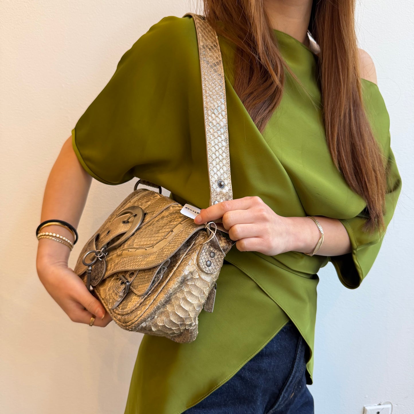 RARE Christian Dior Beige Shimmer Python Leather Mini Gaucho Saddle Bag