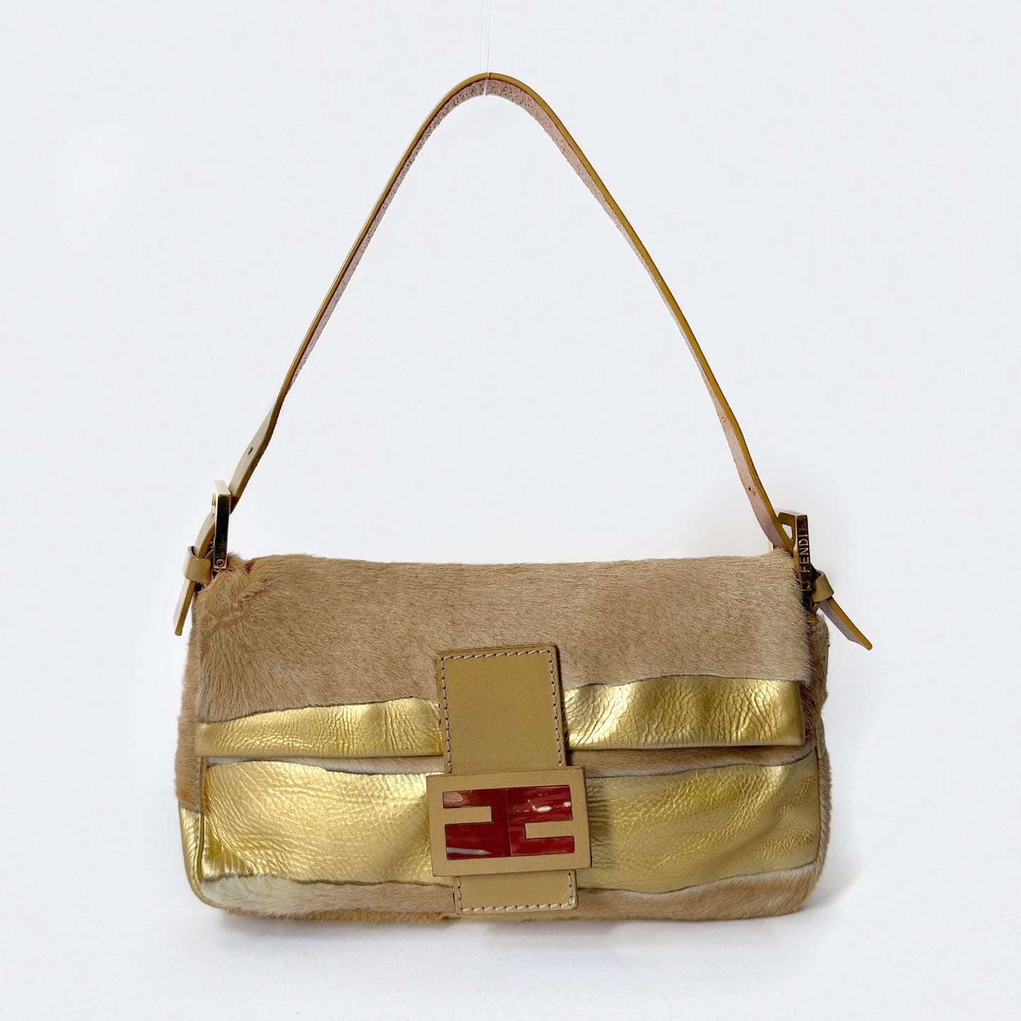 Fendi Brown & Gold Pony Hair Baguette Shoulder Bag
