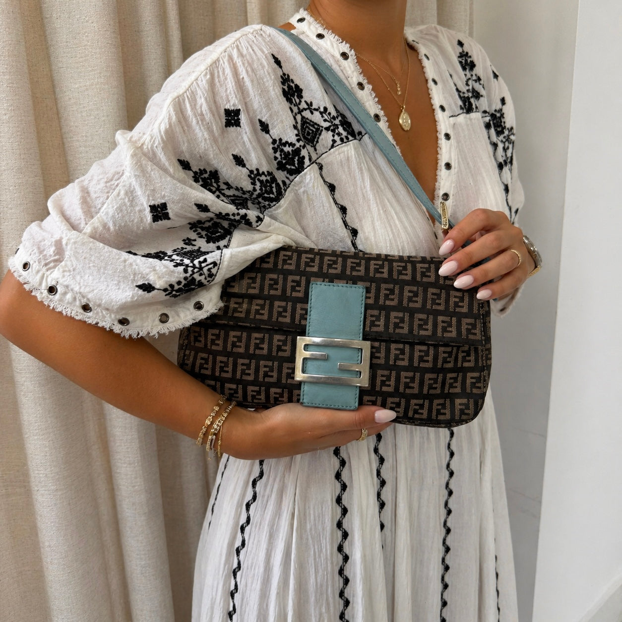 Fendi Black Zucchino Canvas & Teal Leather Baguette Shoulder Bag